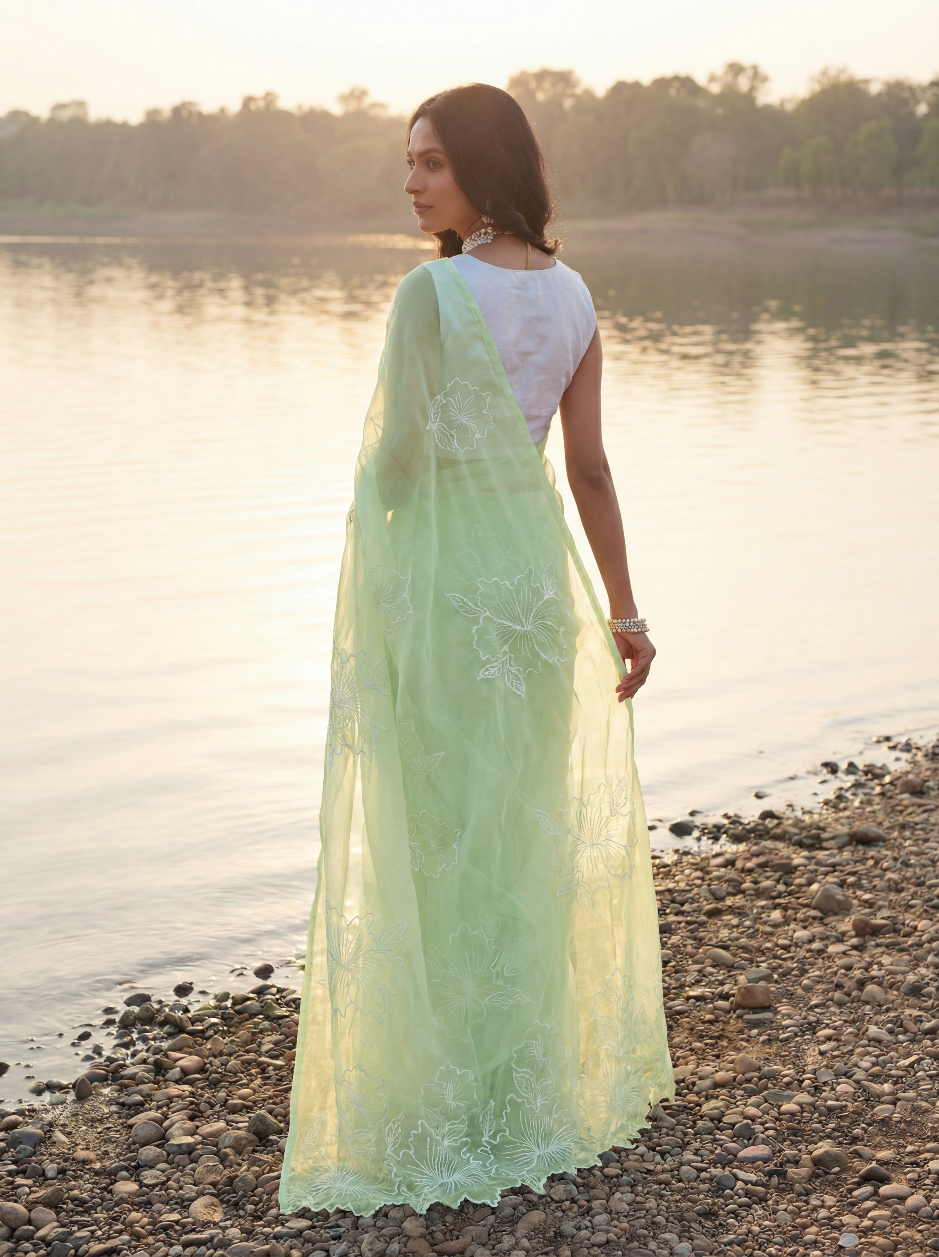 Green Organza Floral Thread Work Saree
