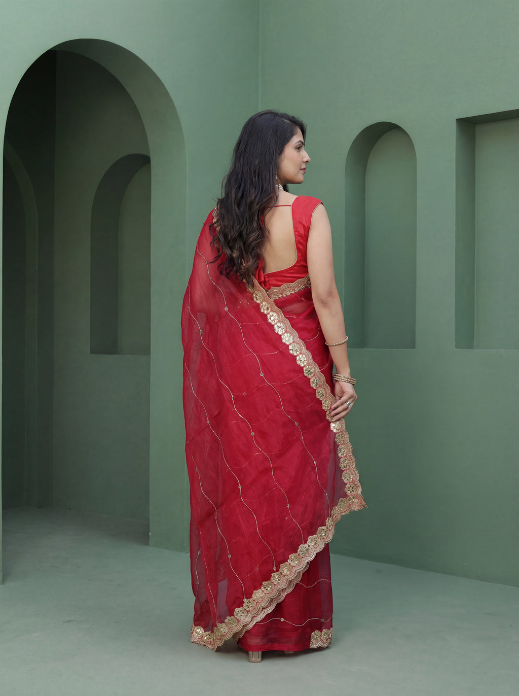 Red Organza Striped Zari Work Saree