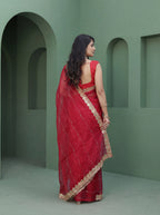 Red Organza Striped Zari Work Saree