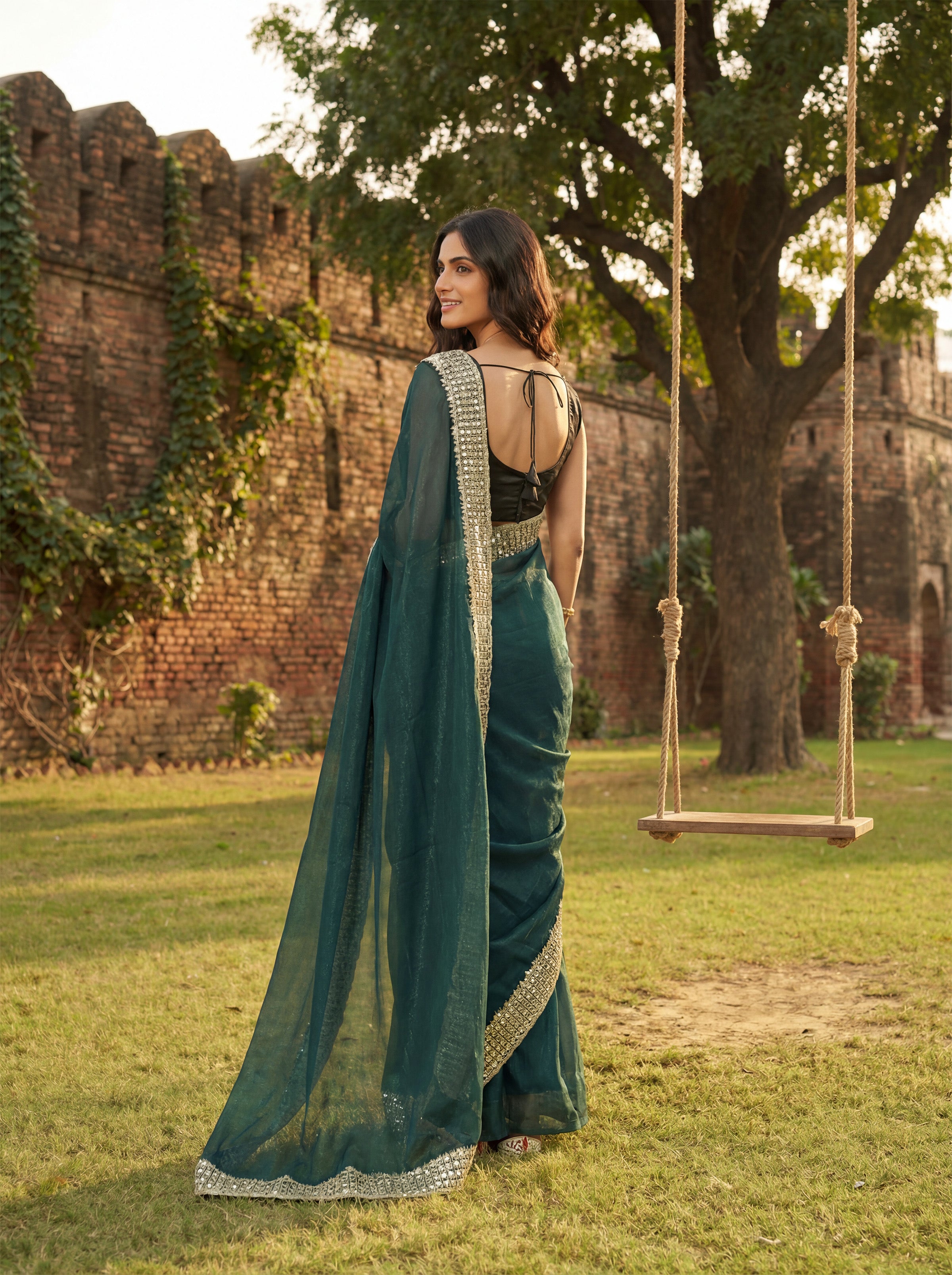 Teal Green Tissue Sequence & Mirror Work Saree