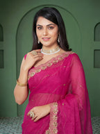Pink Organza Striped Zari Work Saree