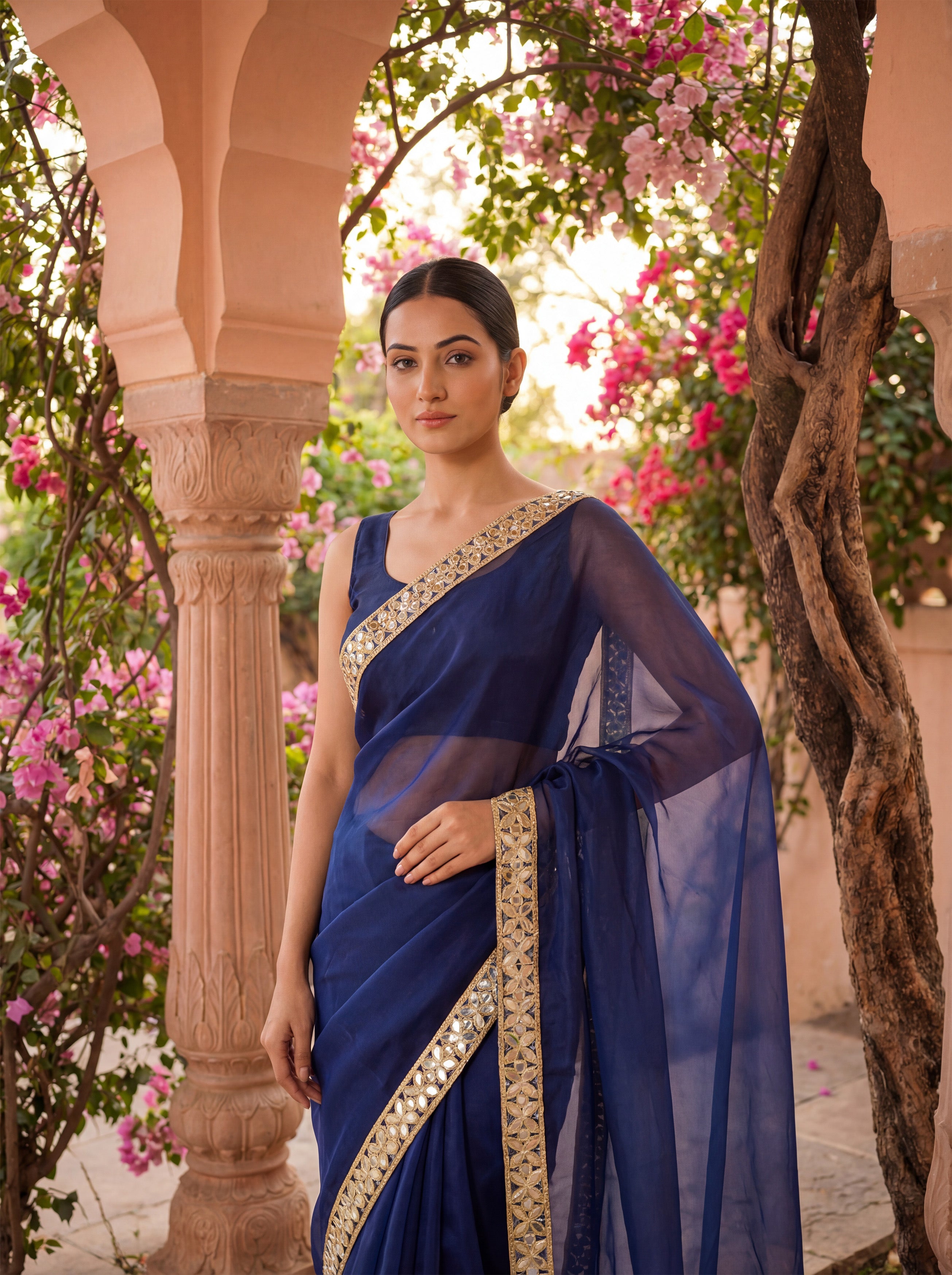 Blue Tissue Geometric Mirror Work Saree