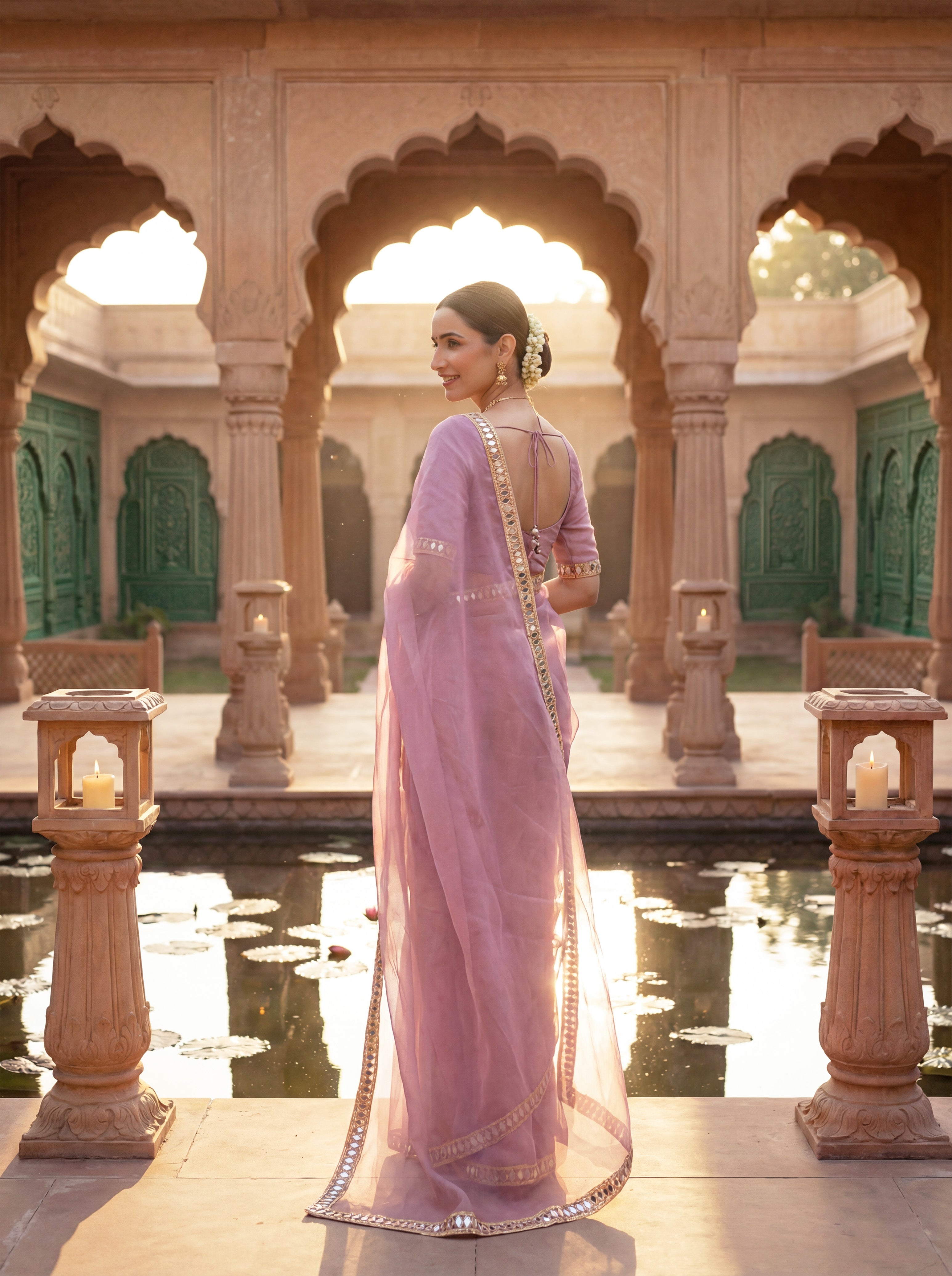 Pink Tissue Geometric Mirror Work Saree