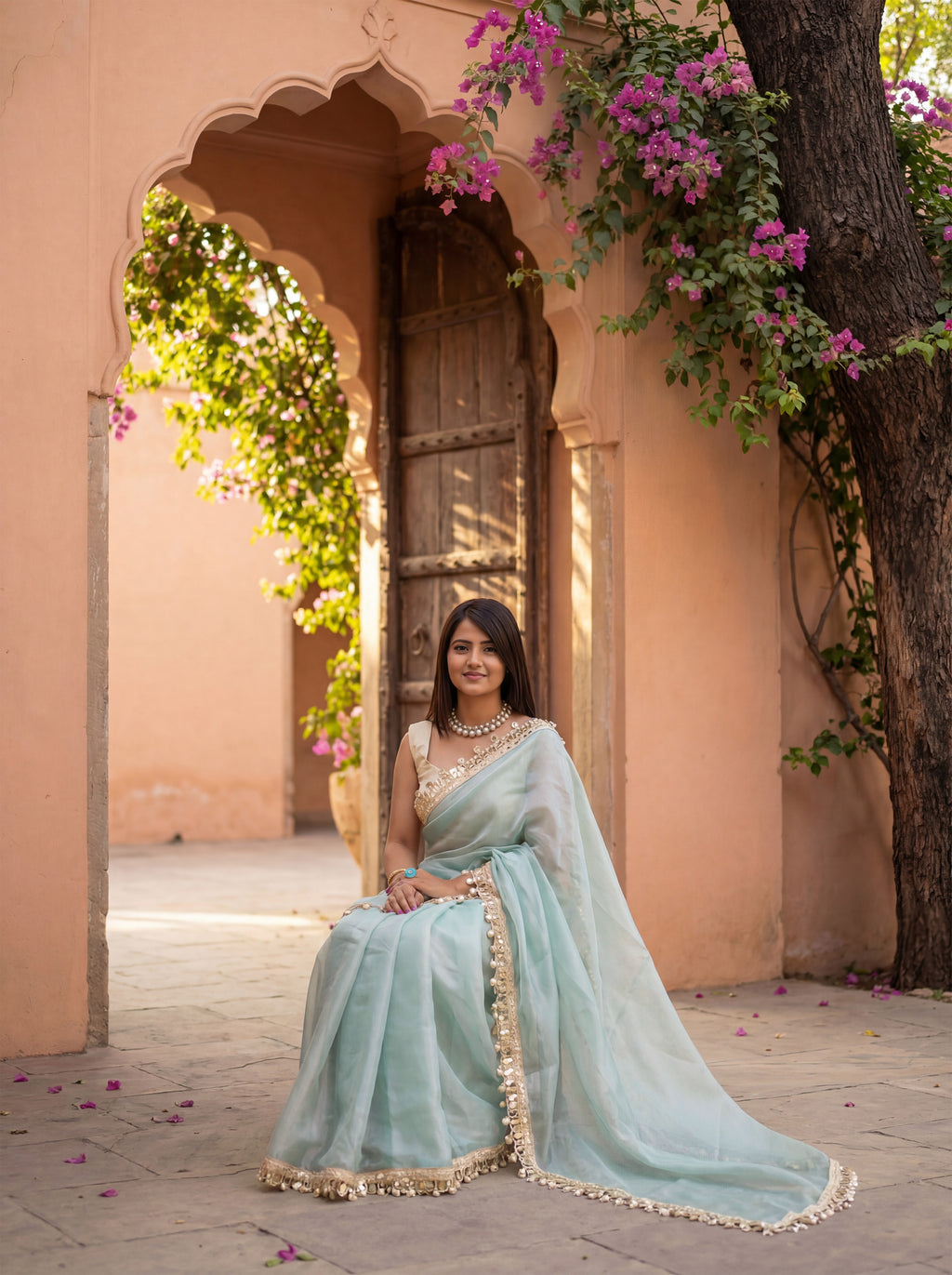 Blue Organza Mirror Work Saree