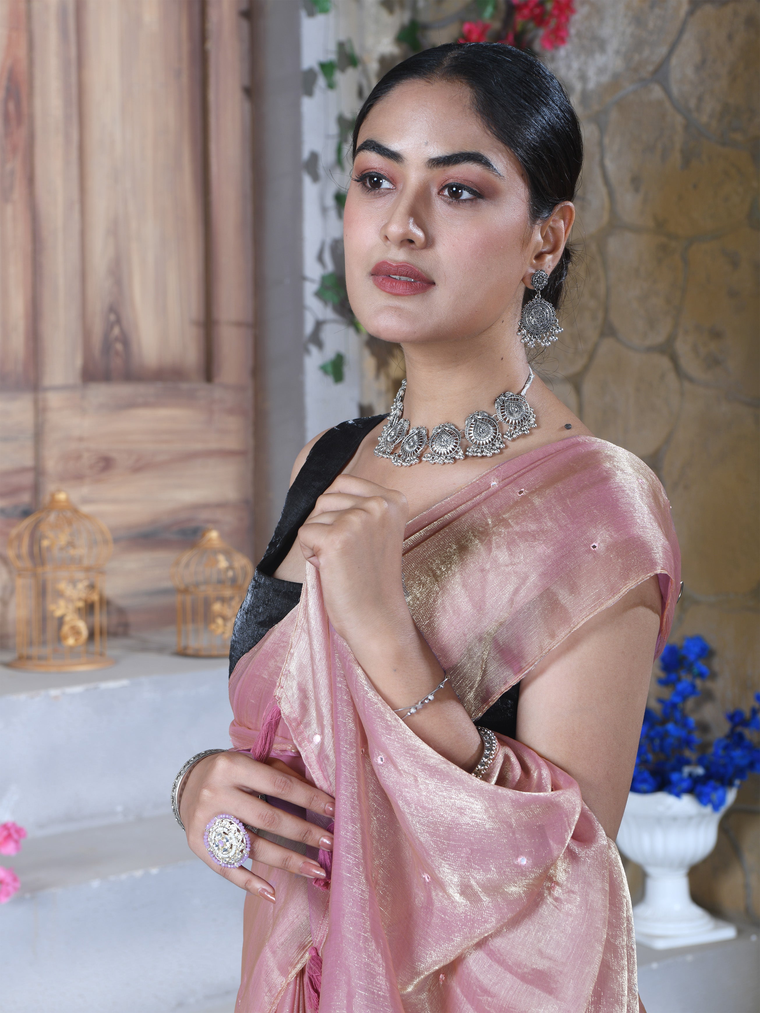 Pink Pure Chiffon Mirror Work Saree