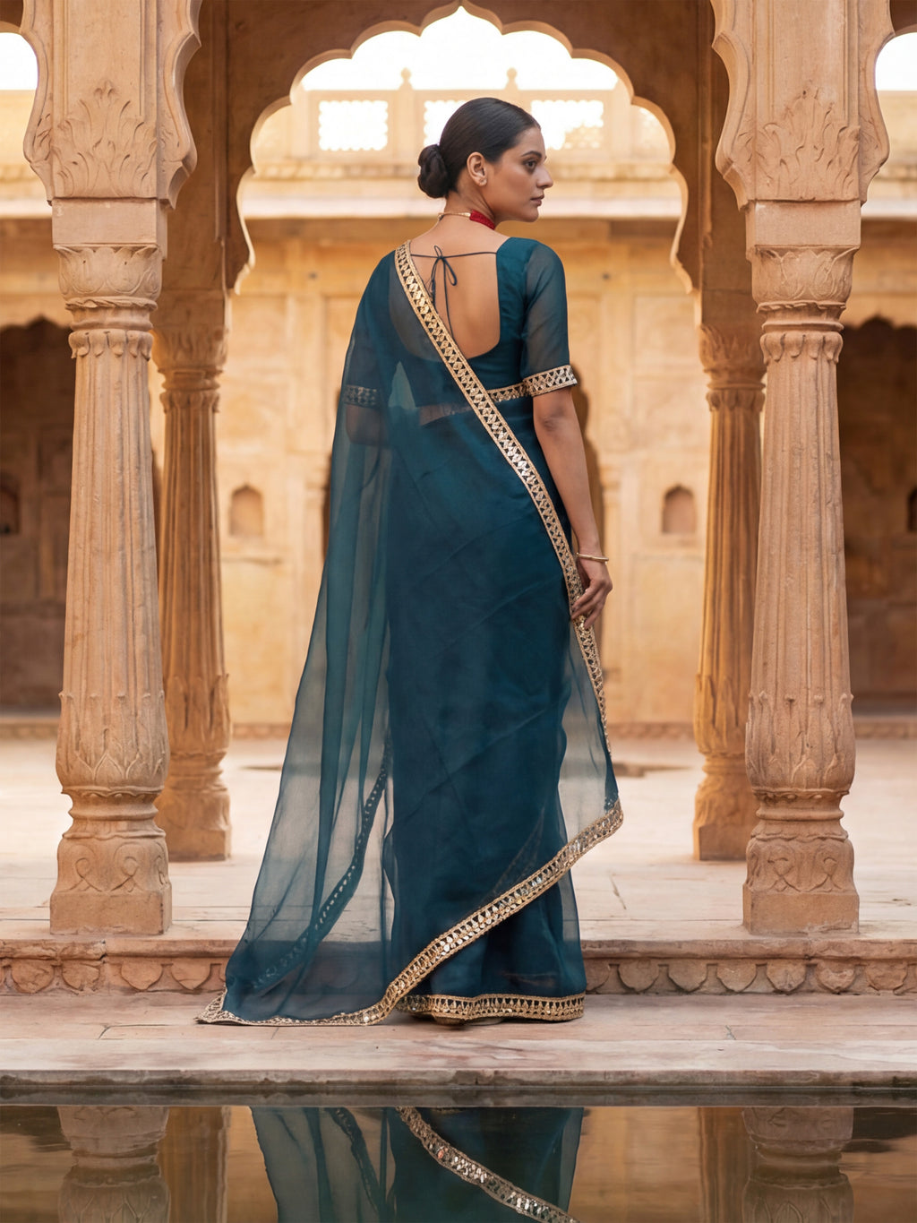 Blue Tissue Geometric Mirror Work Saree