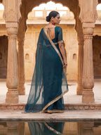 Blue Tissue Geometric Mirror Work Saree