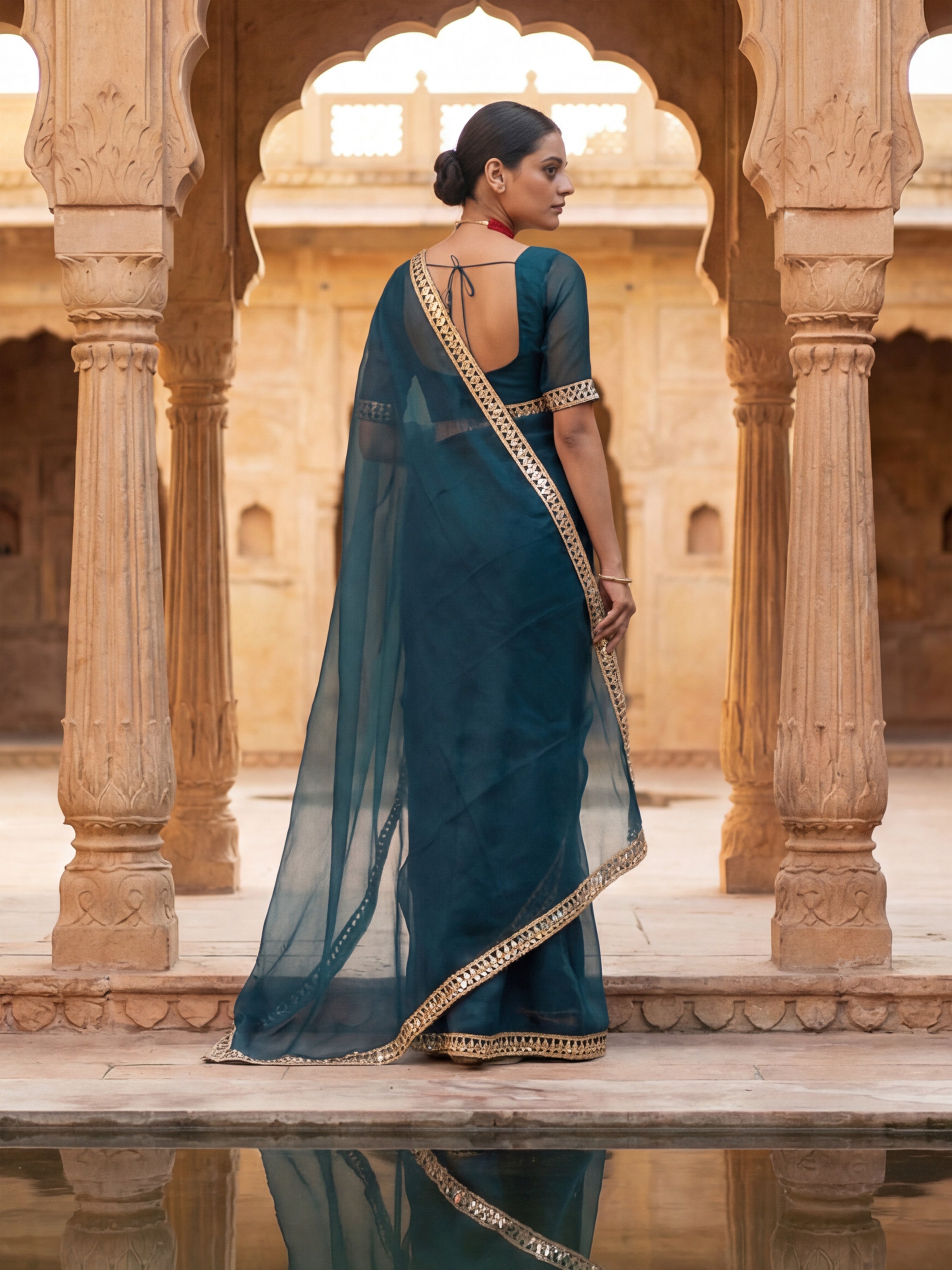 Blue Tissue Geometric Mirror Work Saree