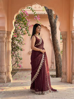Maroon Organza Mirror Work Saree