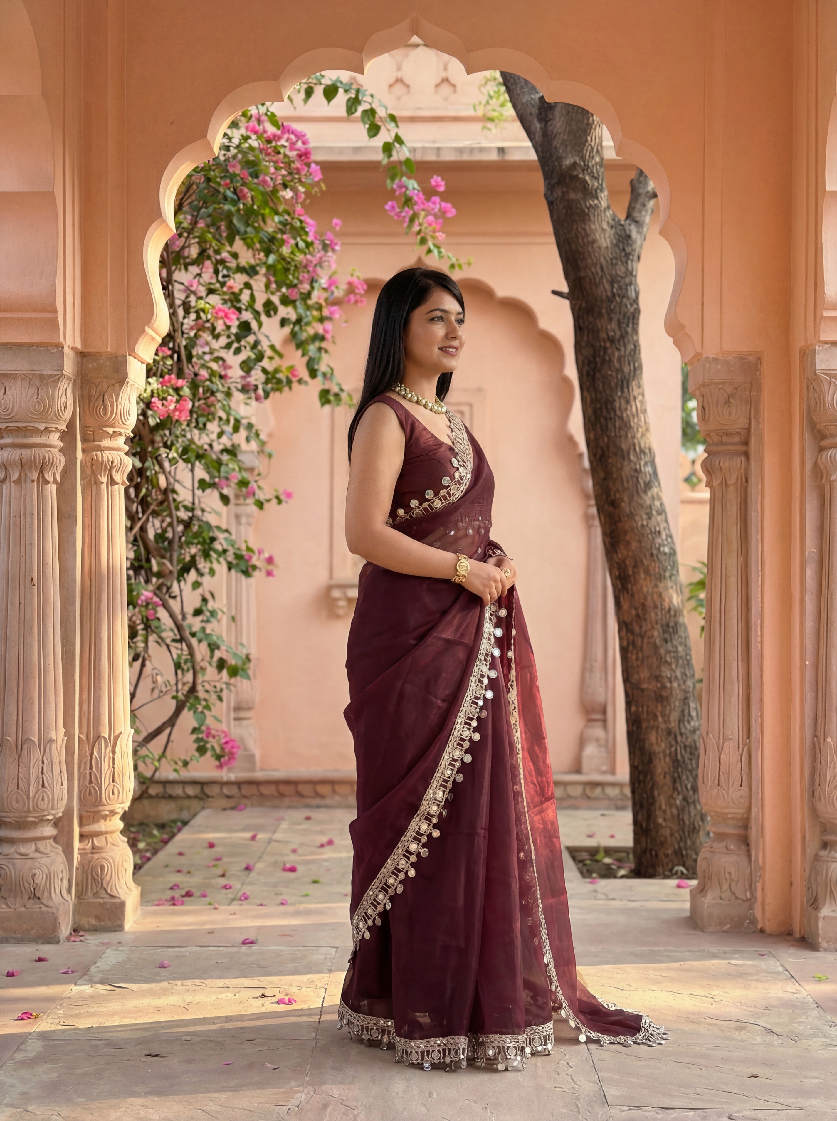 Maroon Organza Mirror Work Saree