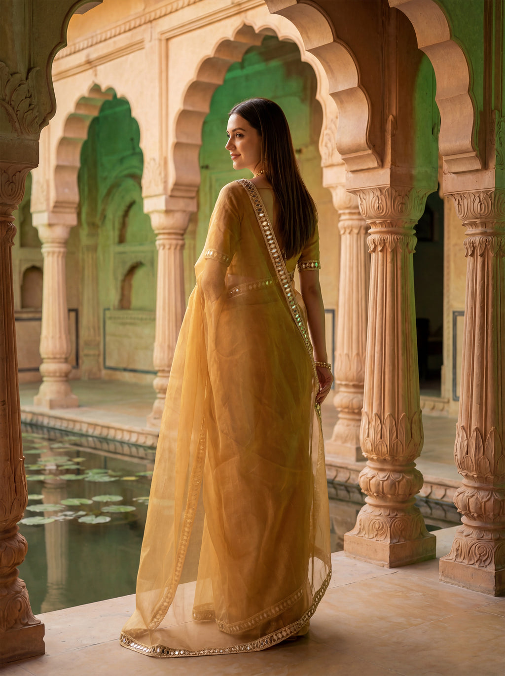 Mustard Tissue Geometric Mirror Work Saree
