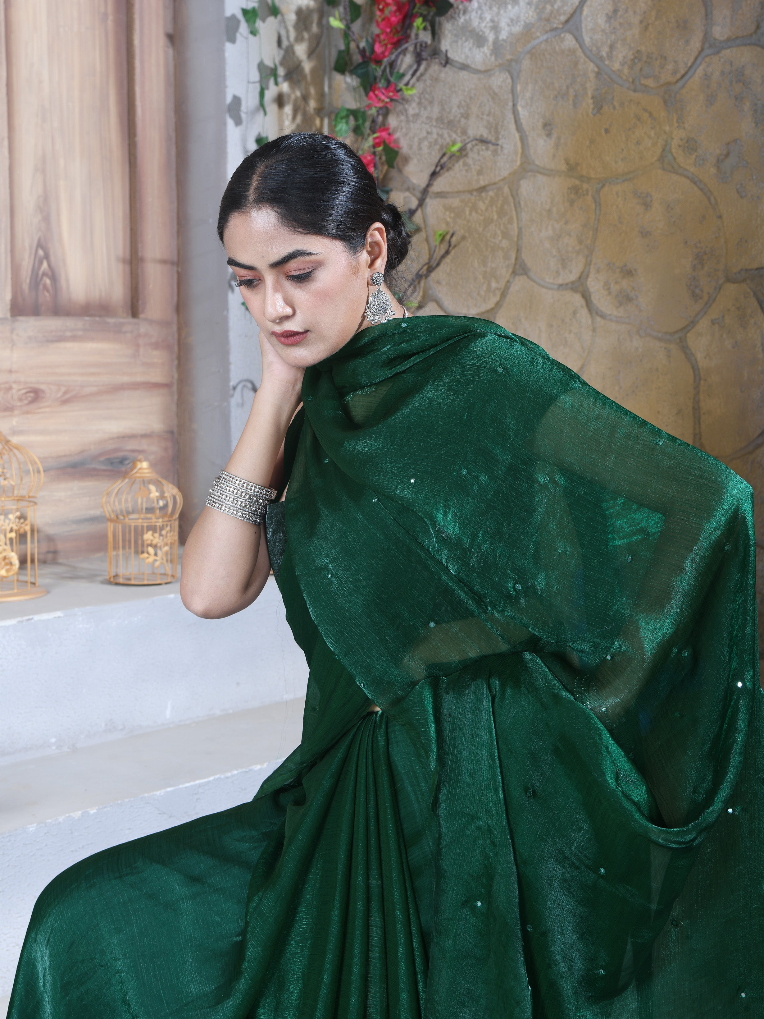 Green Pure Chiffon Mirror Work Saree