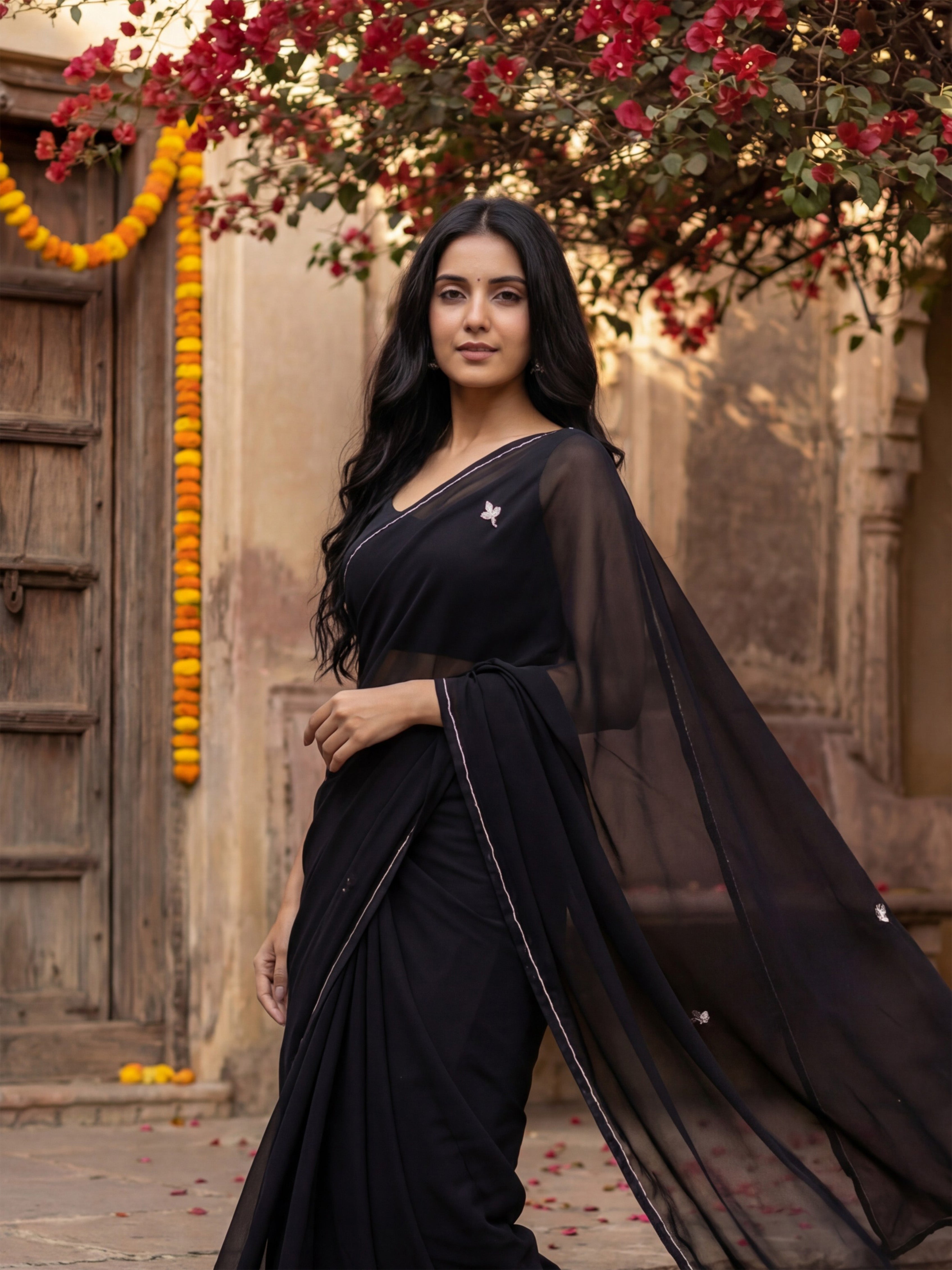 Black Georgette Floral Stone & Beads Work Saree