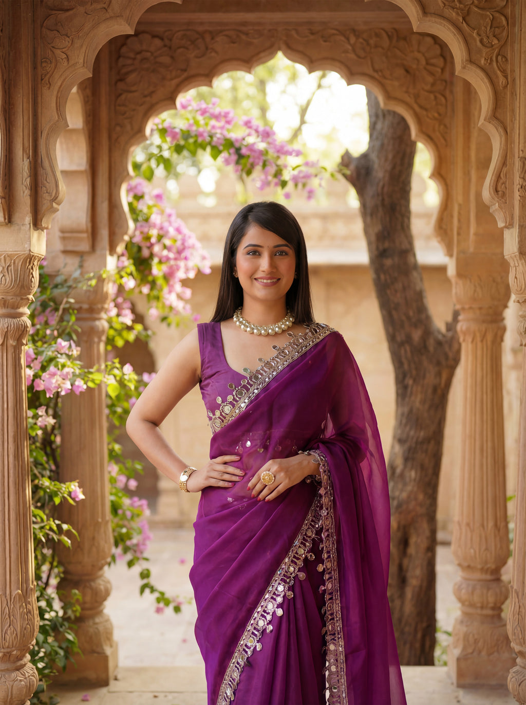 Burgundy Organza Mirror Work Saree