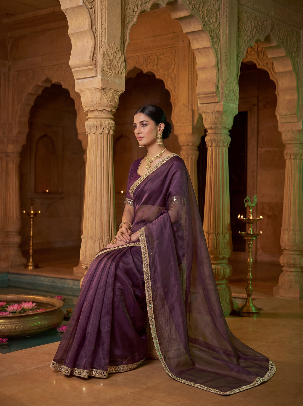 Magenta Tissue Geometric Mirror Work Saree
