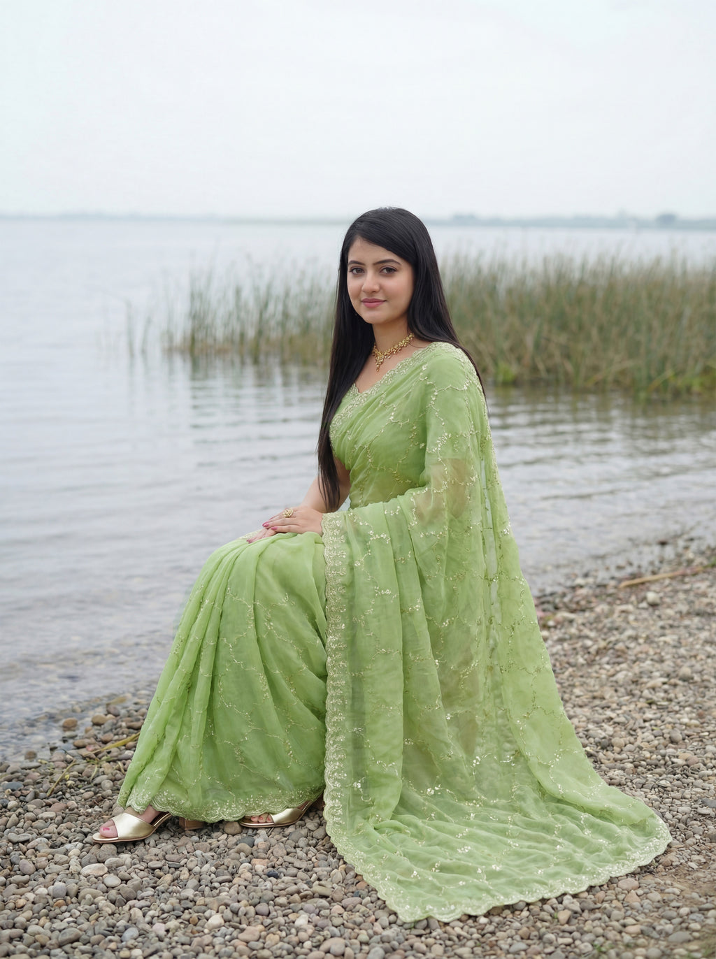 Green Tissue Geometric Sequence Work Saree