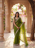 Green Organza Mirror Work Saree