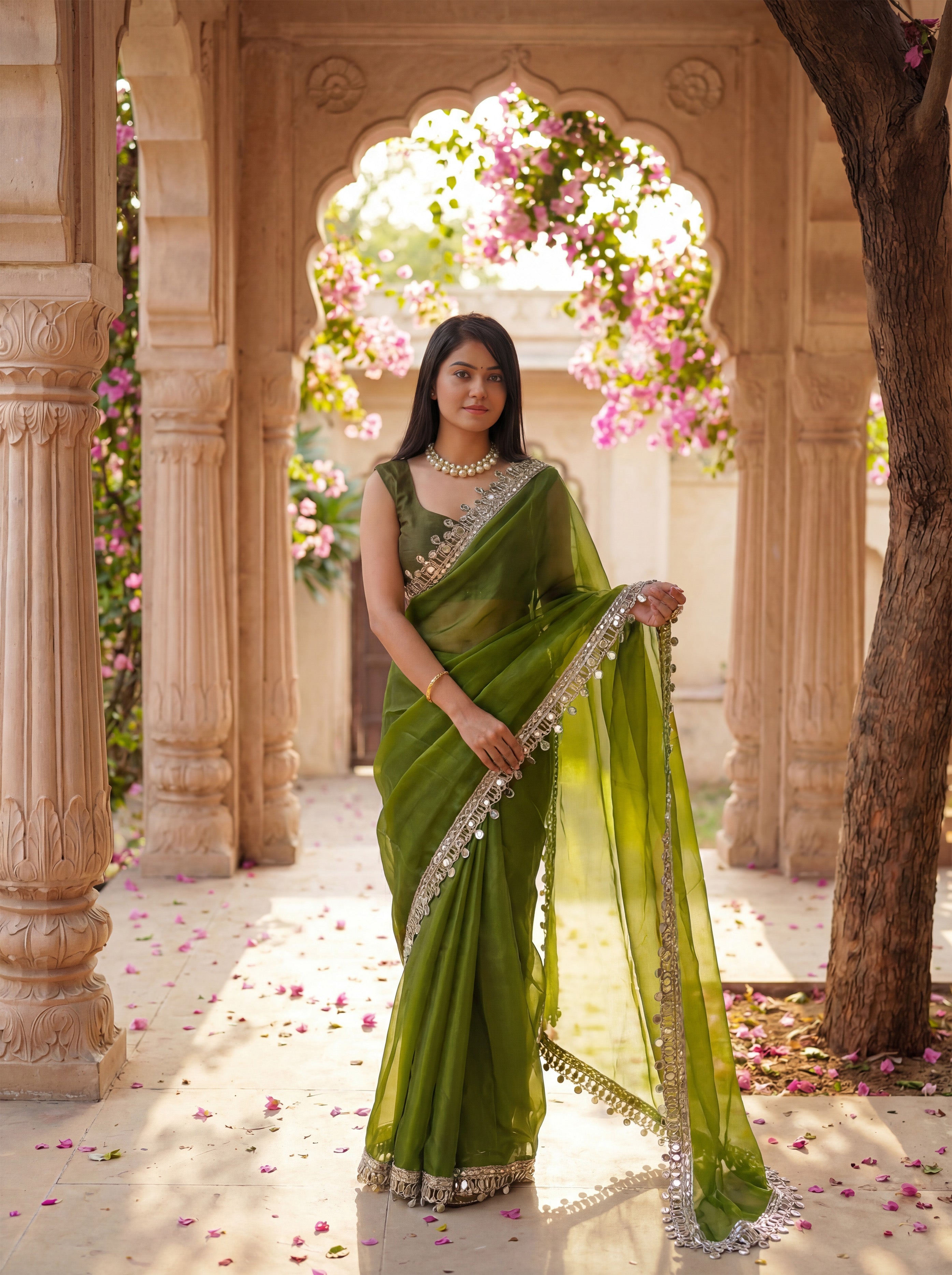 Green Organza Mirror Work Saree