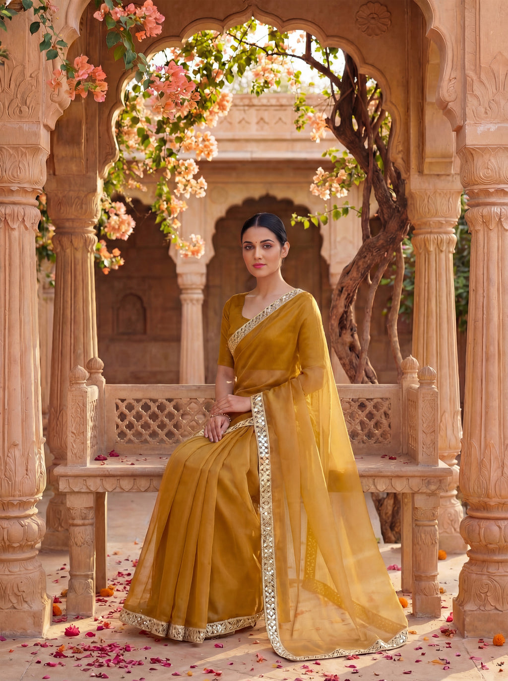 Rust Tissue Geometric Mirror Work Saree