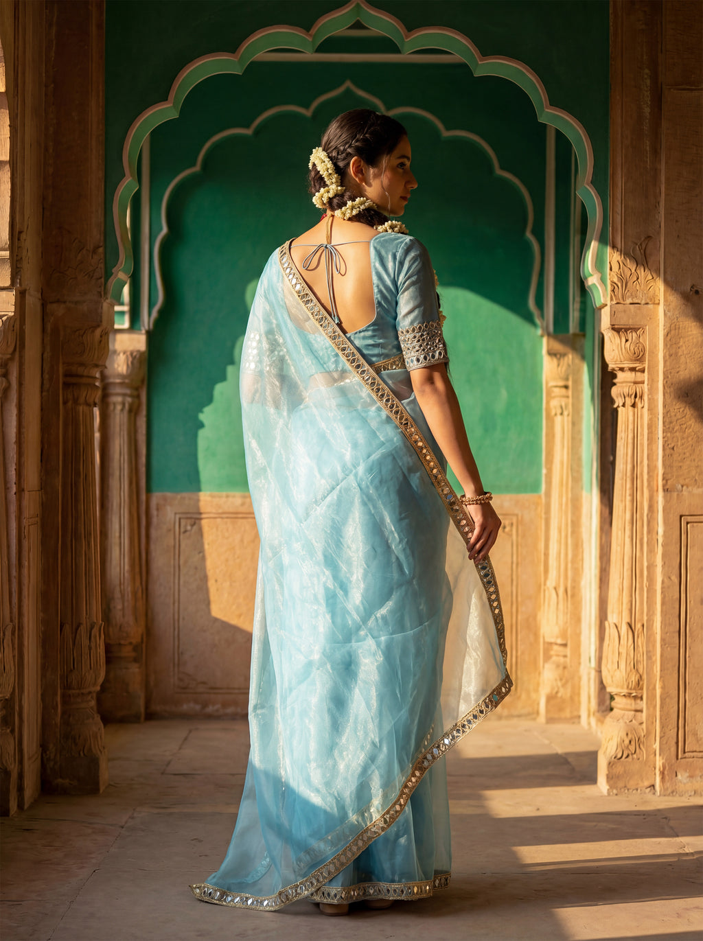 Blue Tissue Geometric Mirror Work Saree