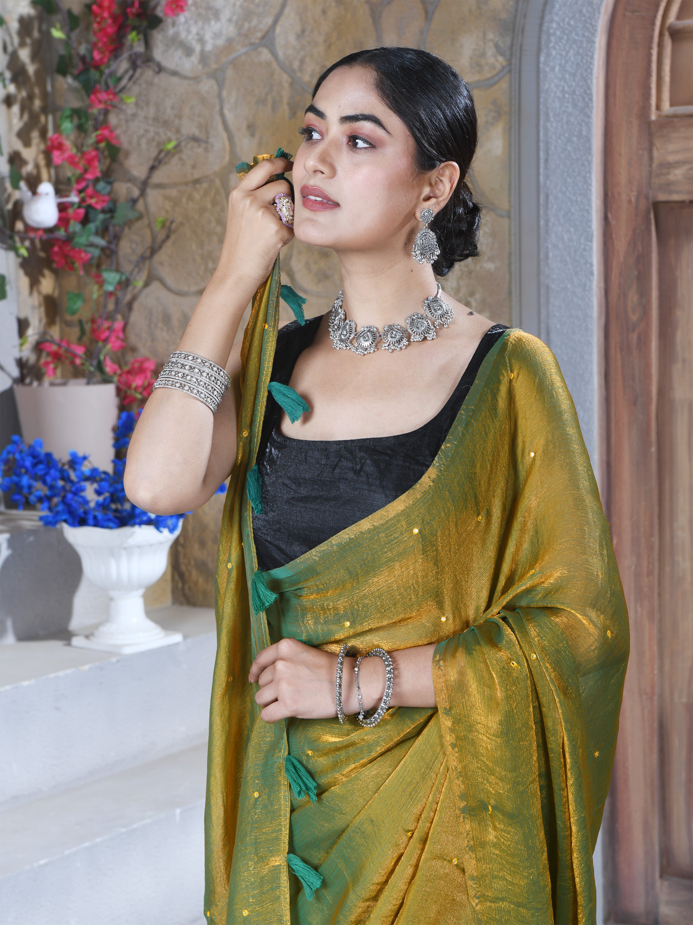 Gold Pure Chiffon Mirror Work Saree
