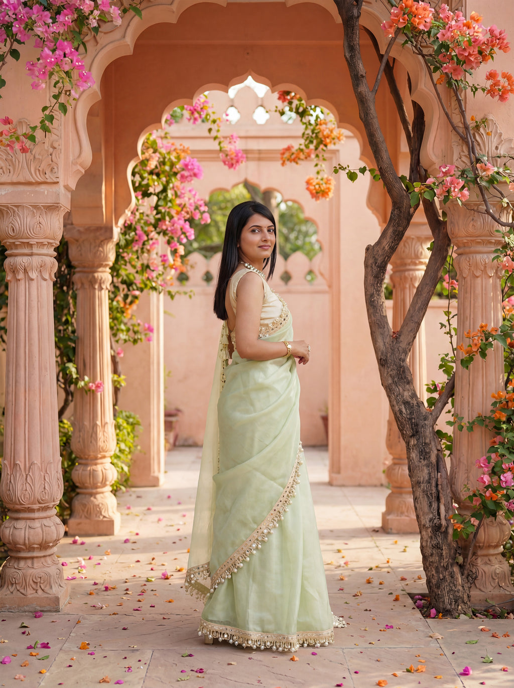 Green Organza Mirror Work Saree