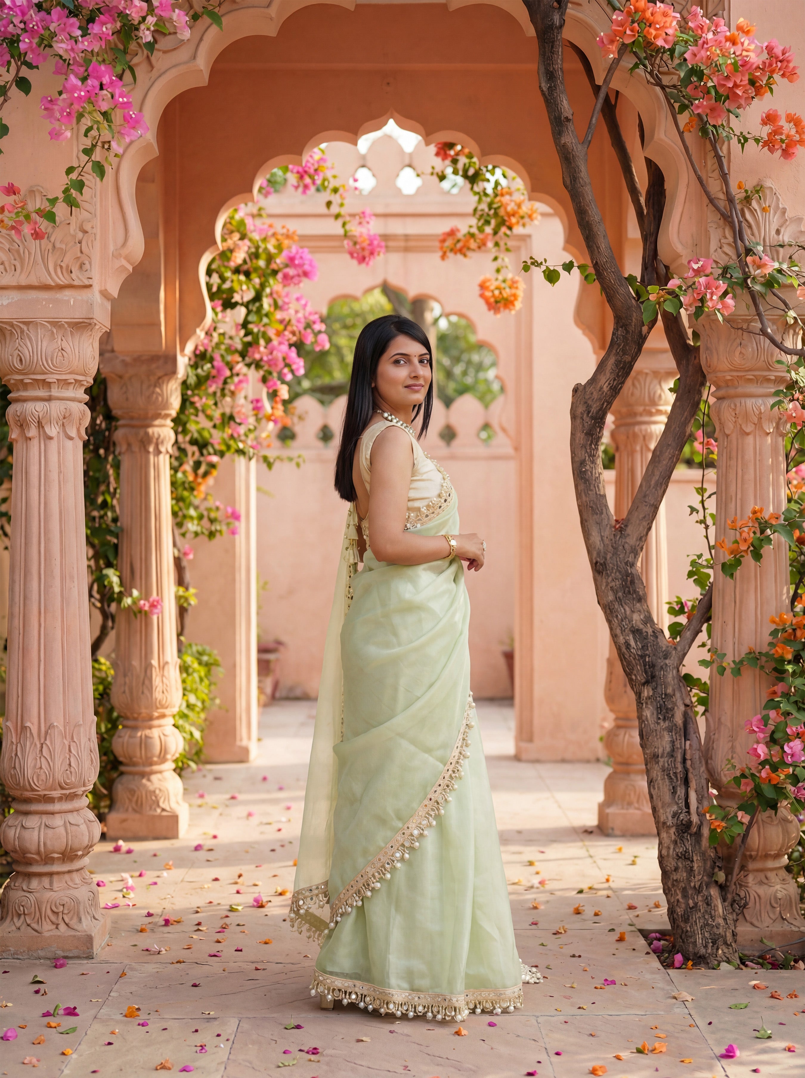 Green Organza Mirror Work Saree