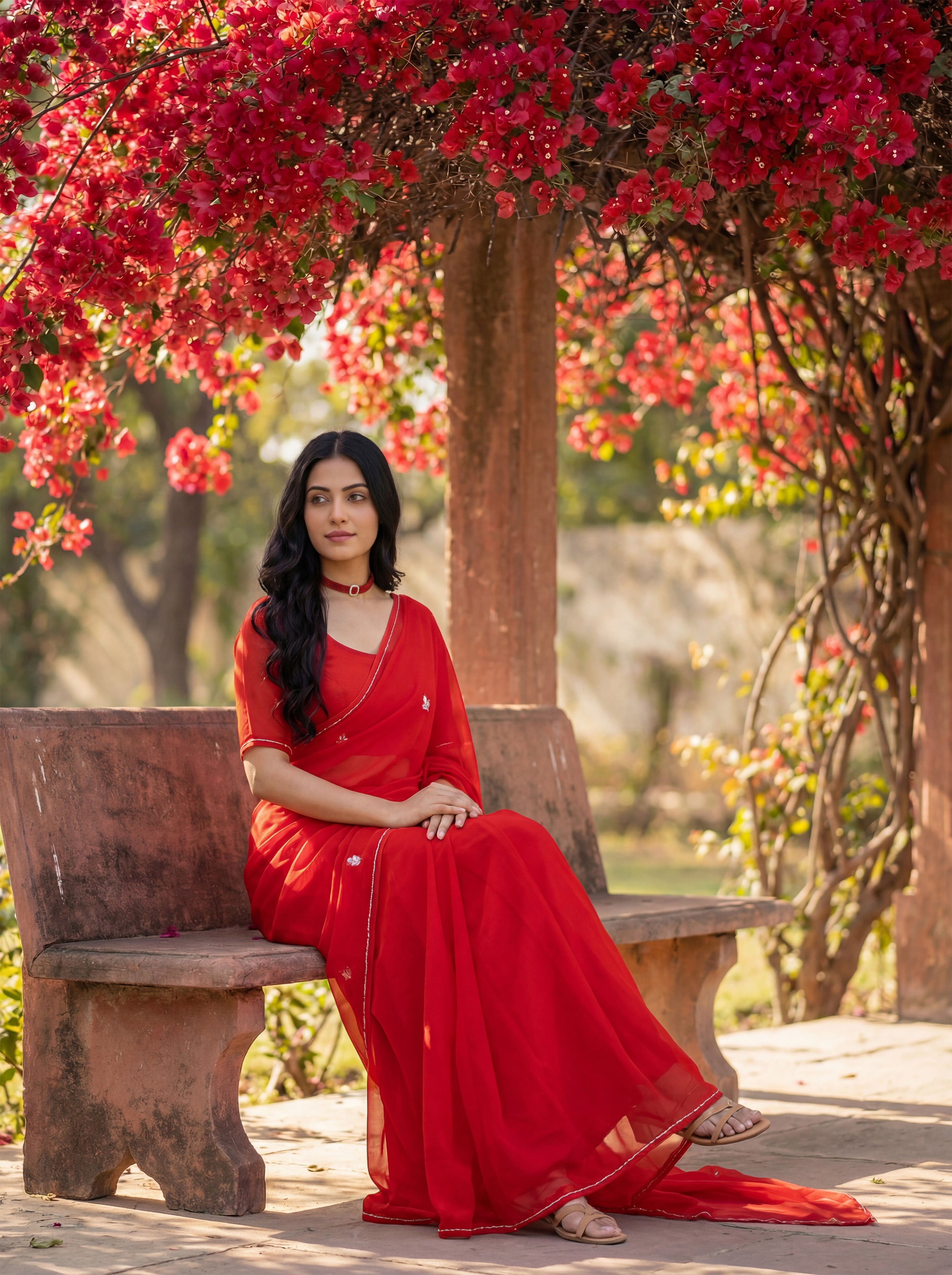 Red Georgette Floral Stone & Beads Work Saree