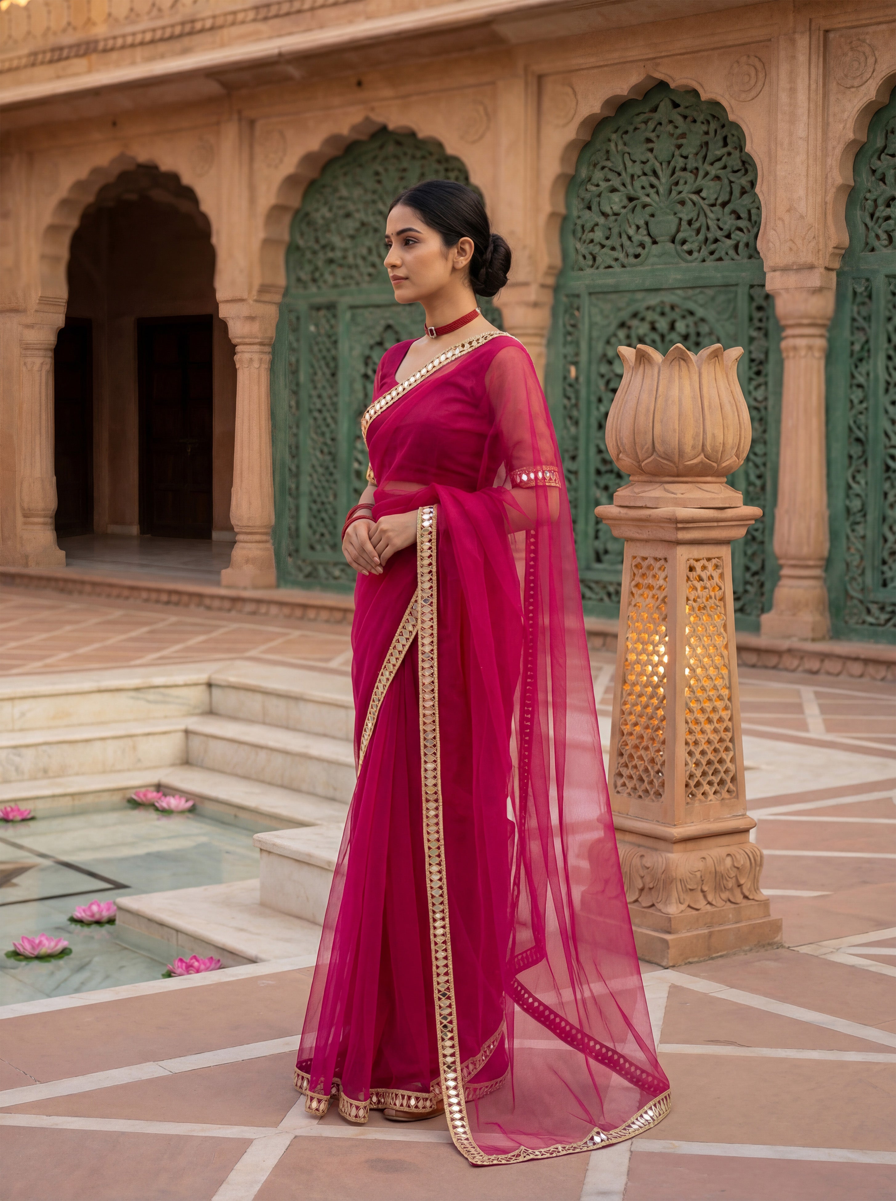 Pink Tissue Geometric Mirror Work Saree