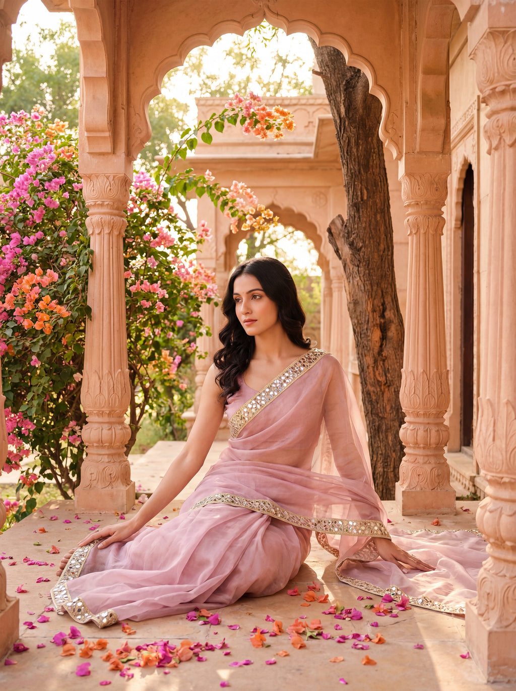 Lavender Tissue Geometric Mirror Work Saree