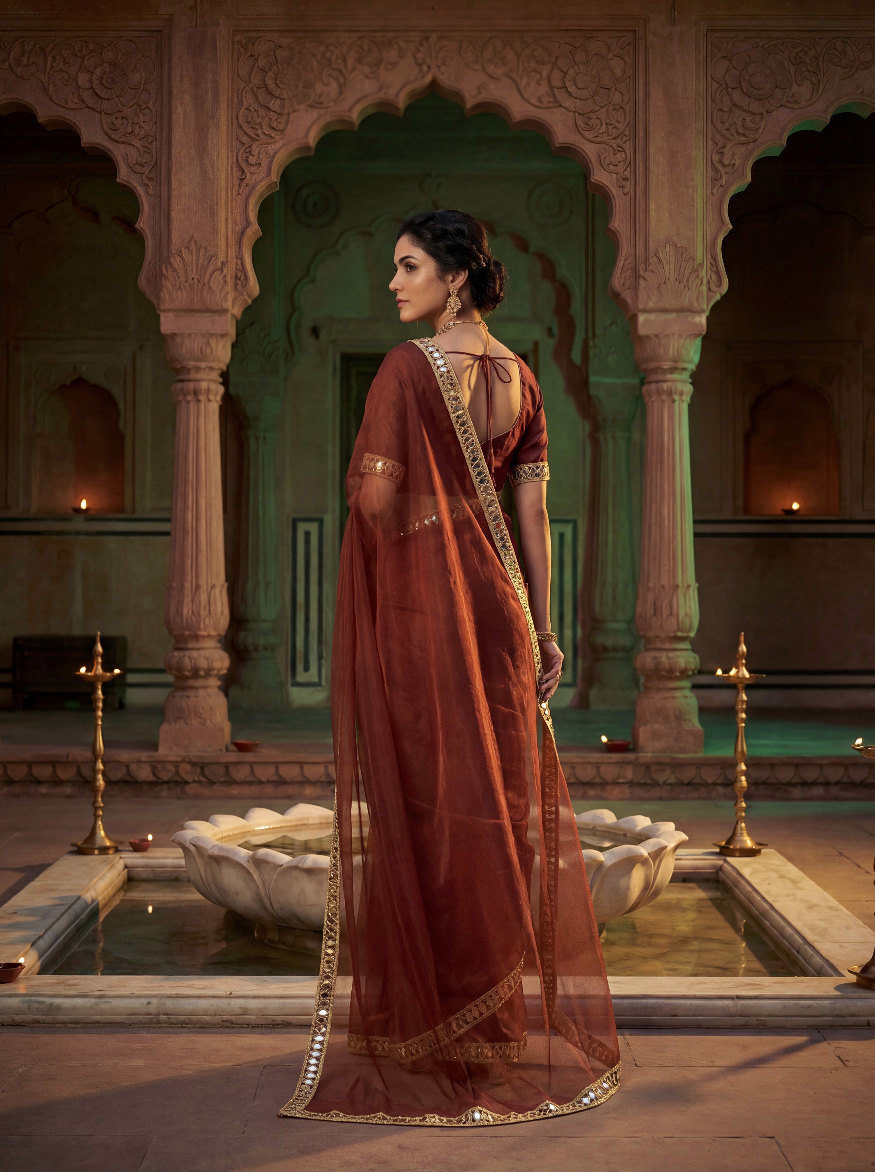 Maroon Tissue Geometric Mirror Work Saree