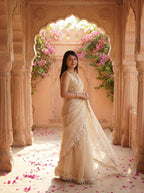 Beige Organza Mirror Work Saree