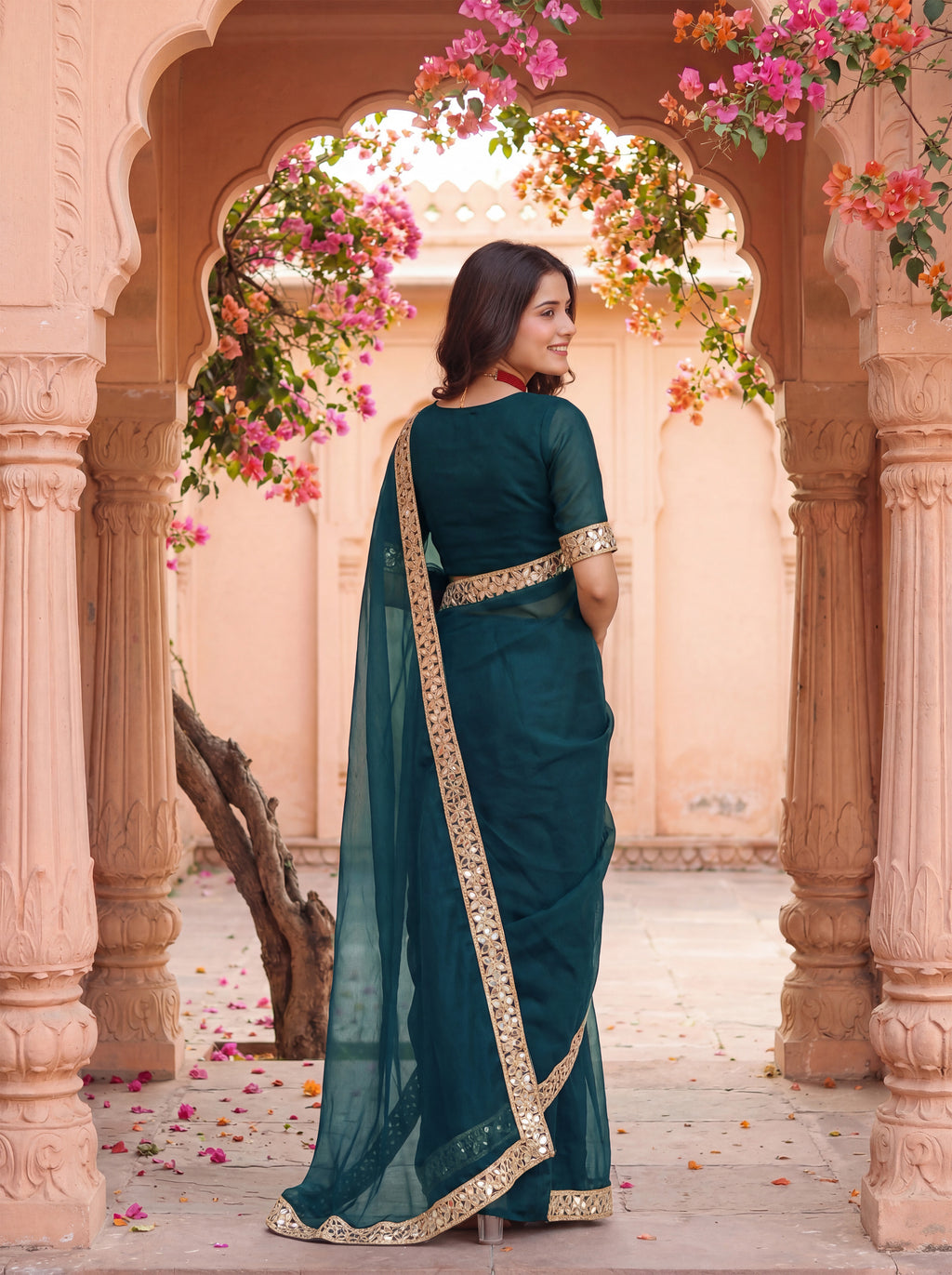Teal Tissue Geometric Mirror Work Saree