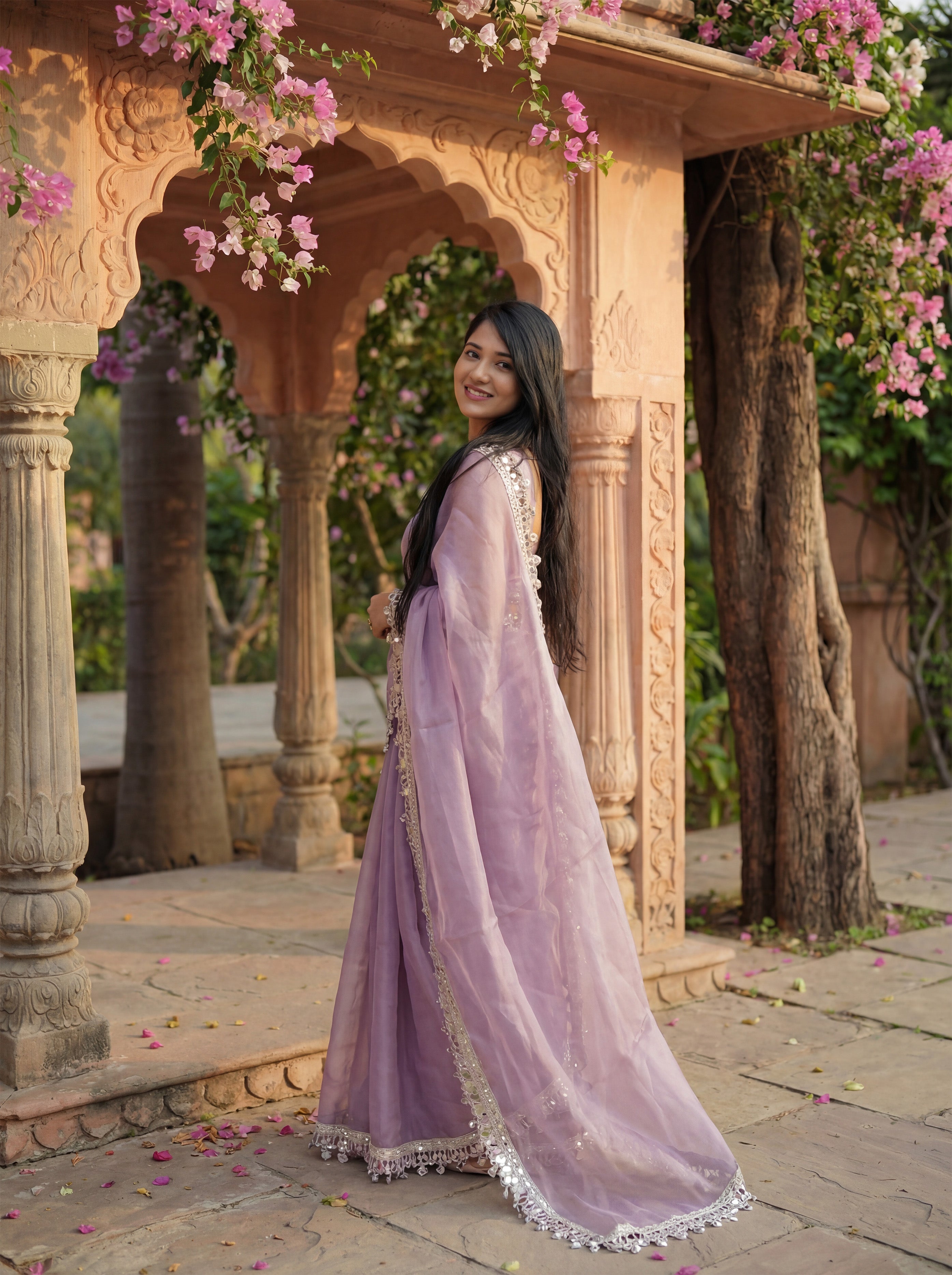 Lavender Organza Mirror Work Saree