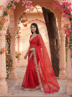 Red Organza Mirror Work Saree