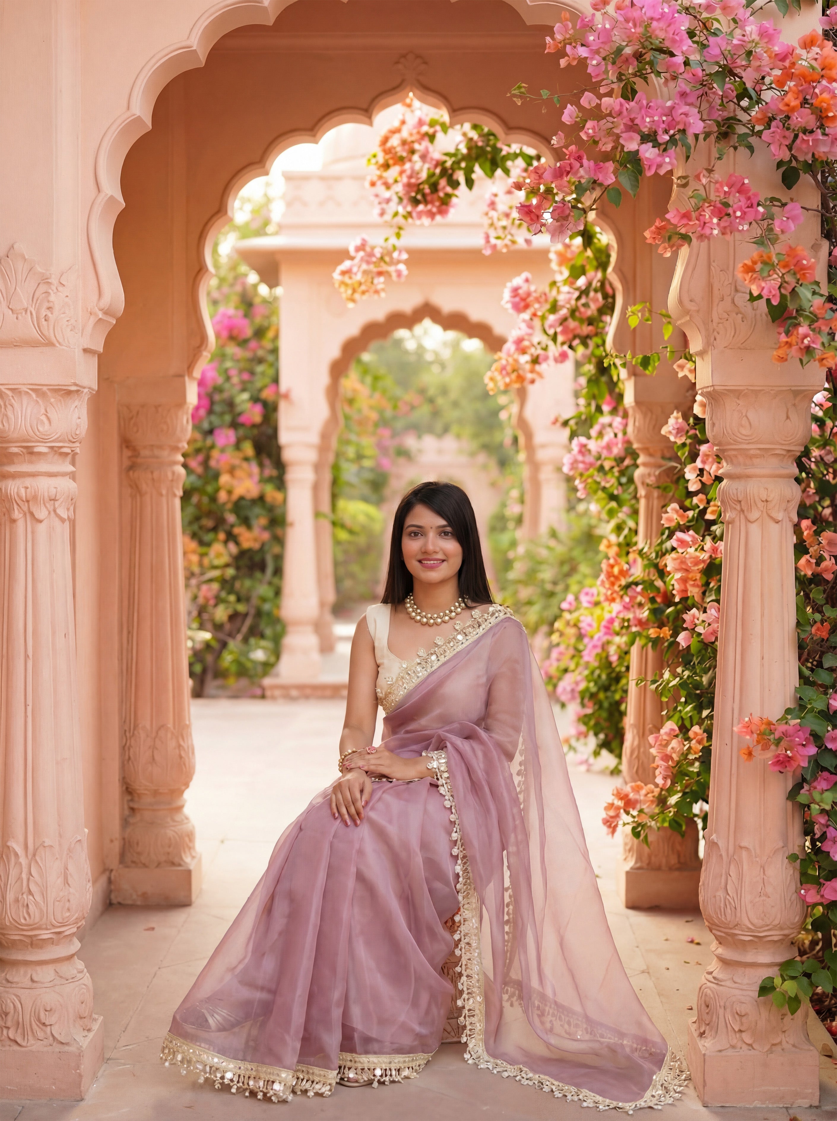 Mauve Organza Mirror Work Saree