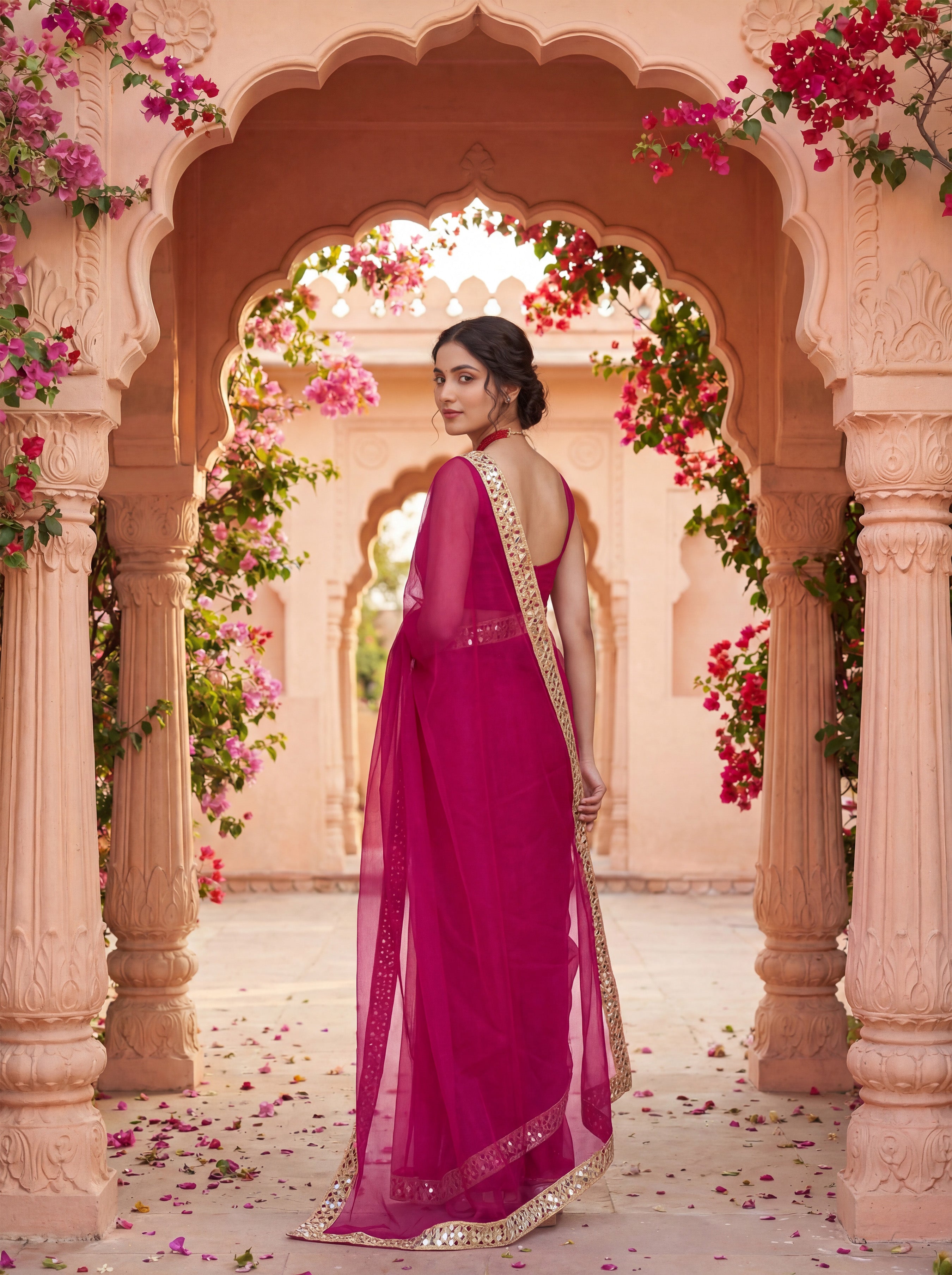 Pink Tissue Geometric Mirror Work Saree