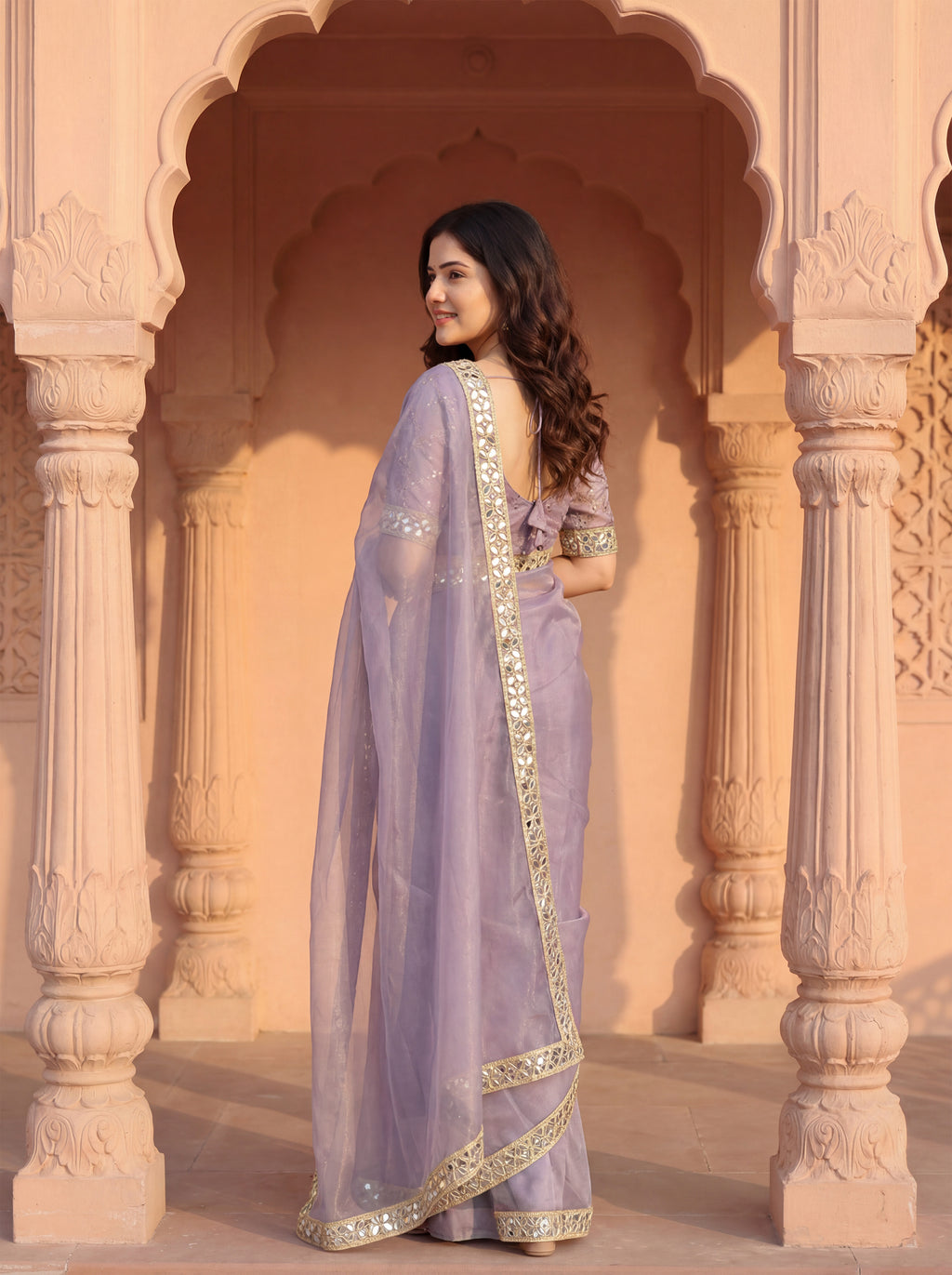 Lavender Tissue Geometric Mirror Work Saree
