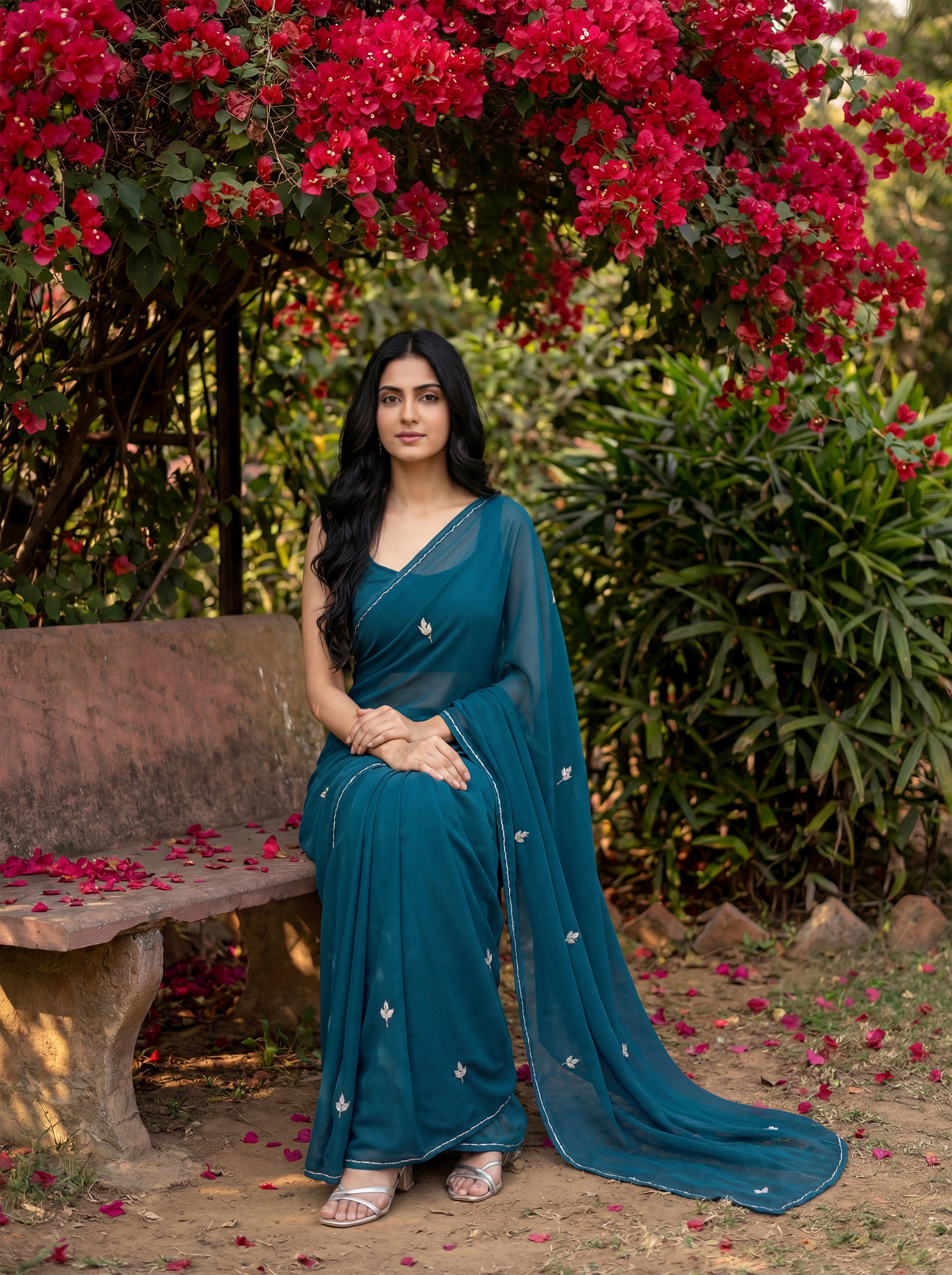 Teal Georgette Floral Stone & Beads Work Saree