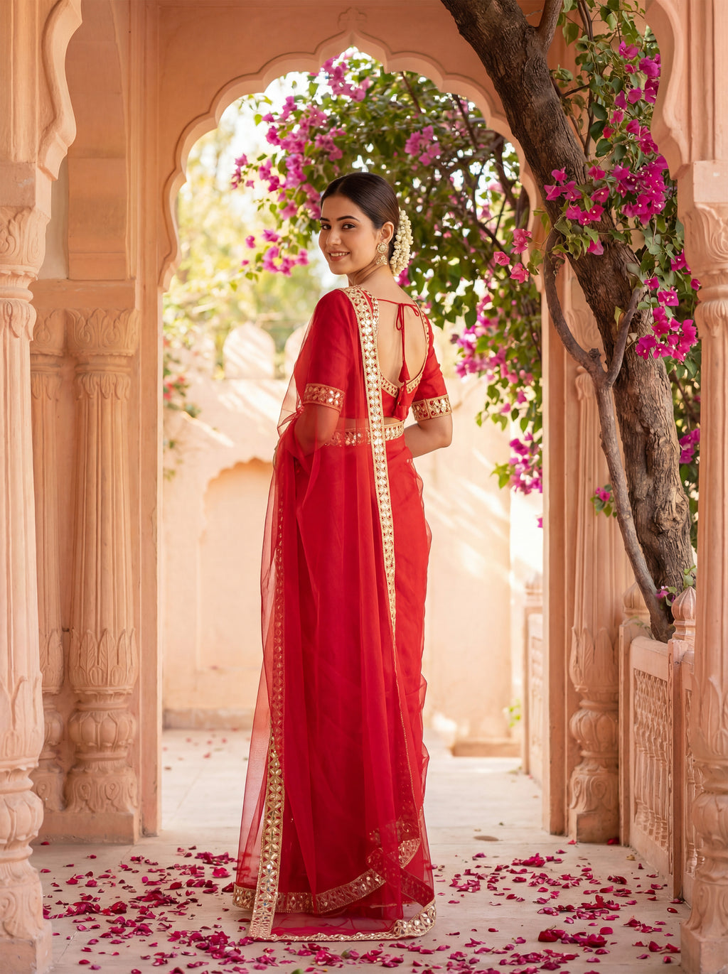 Red Tissue Geometric Mirror Work Saree