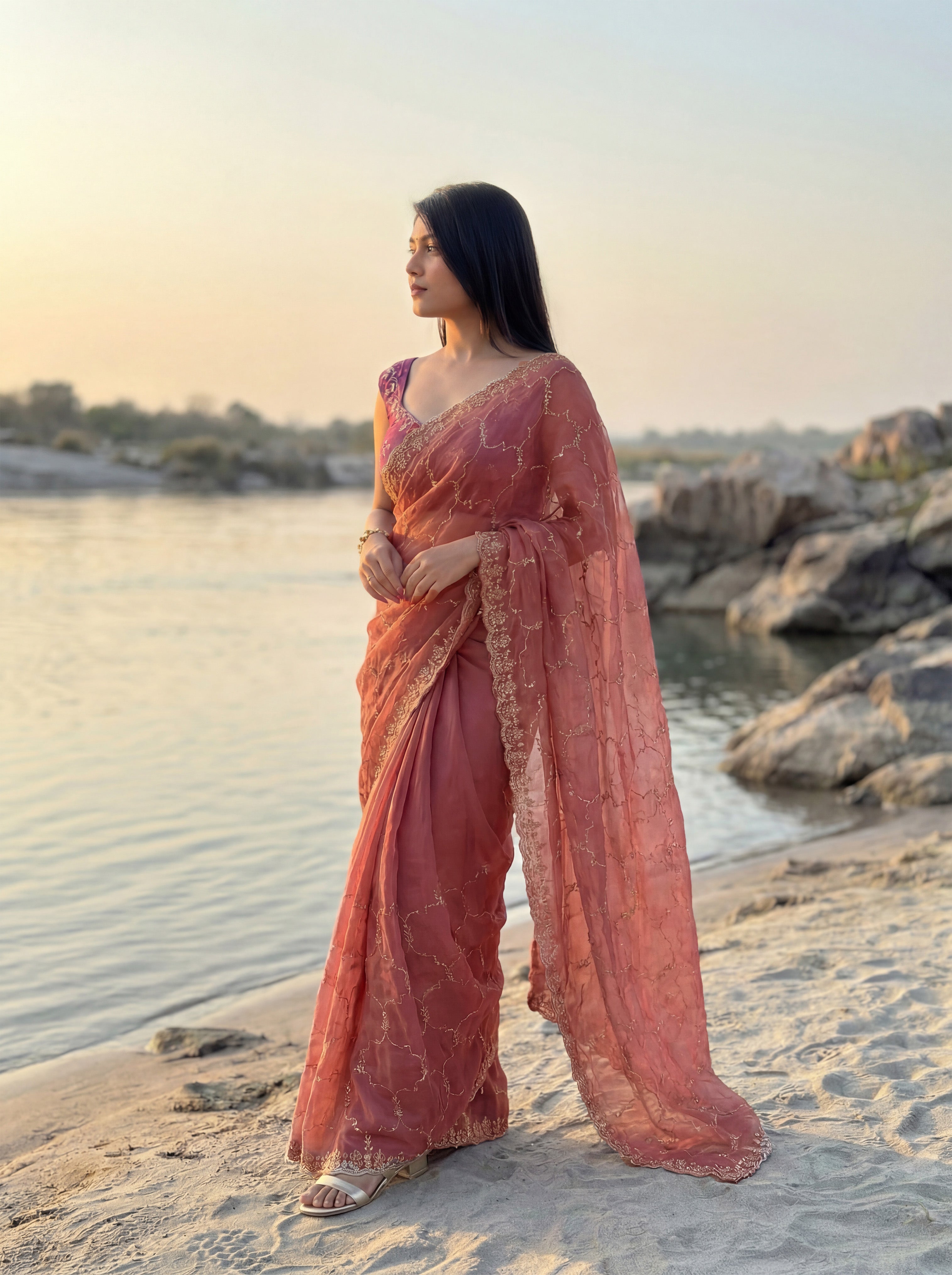 Pink Tissue Geometric Sequence Work Saree