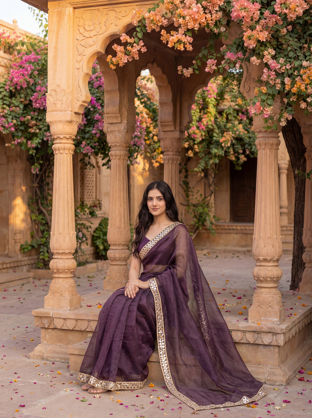 Magenta Tissue Geometric Mirror Work Saree
