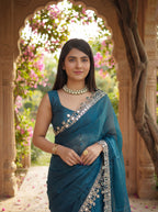 Teal Organza Mirror Work Saree