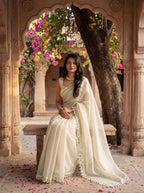 Beige Organza Mirror Work Saree