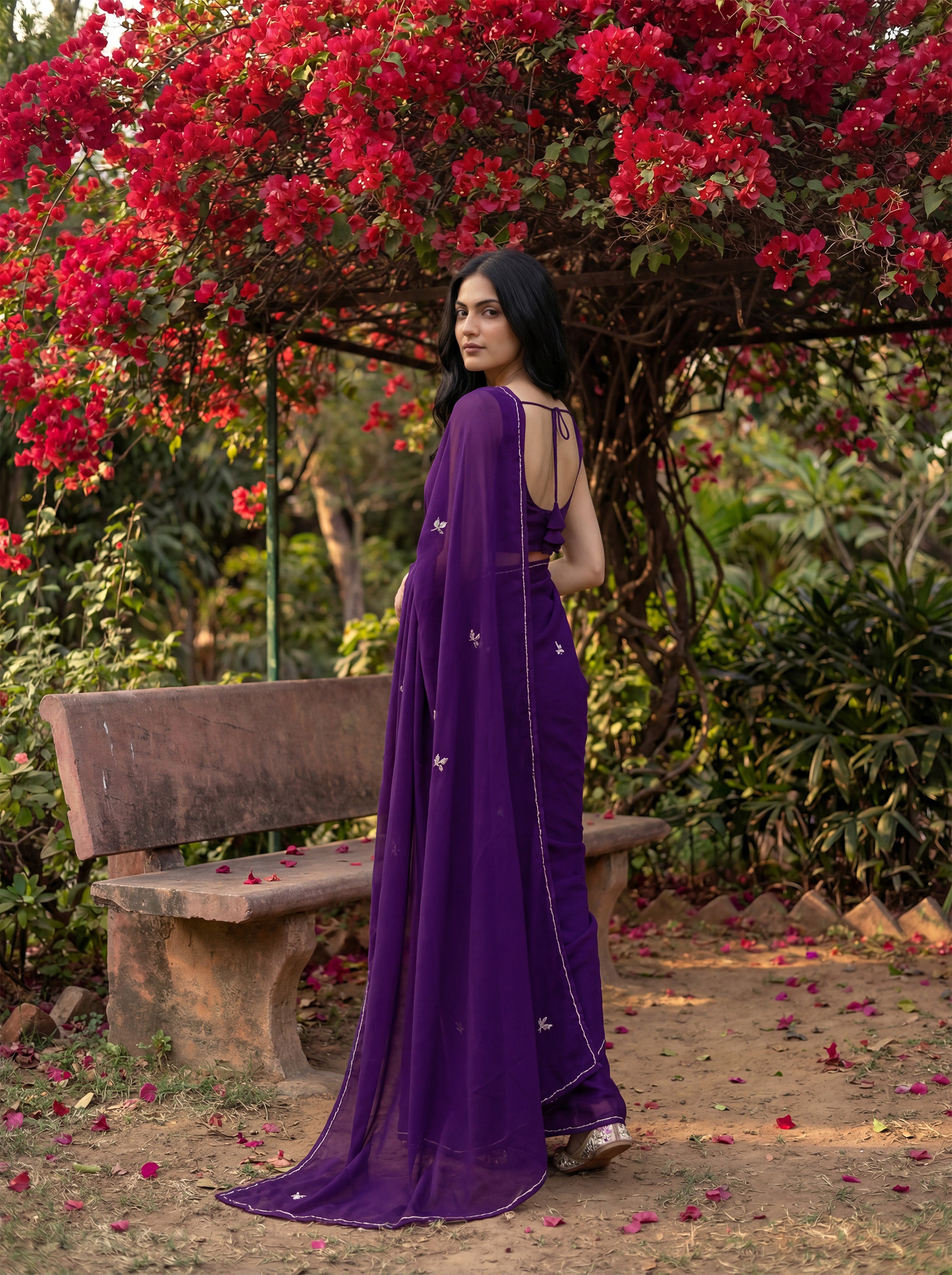 Purple Georgette Floral Stone & Beads Work Saree