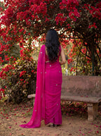 Pink Georgette Floral Stone & Beads Work Saree