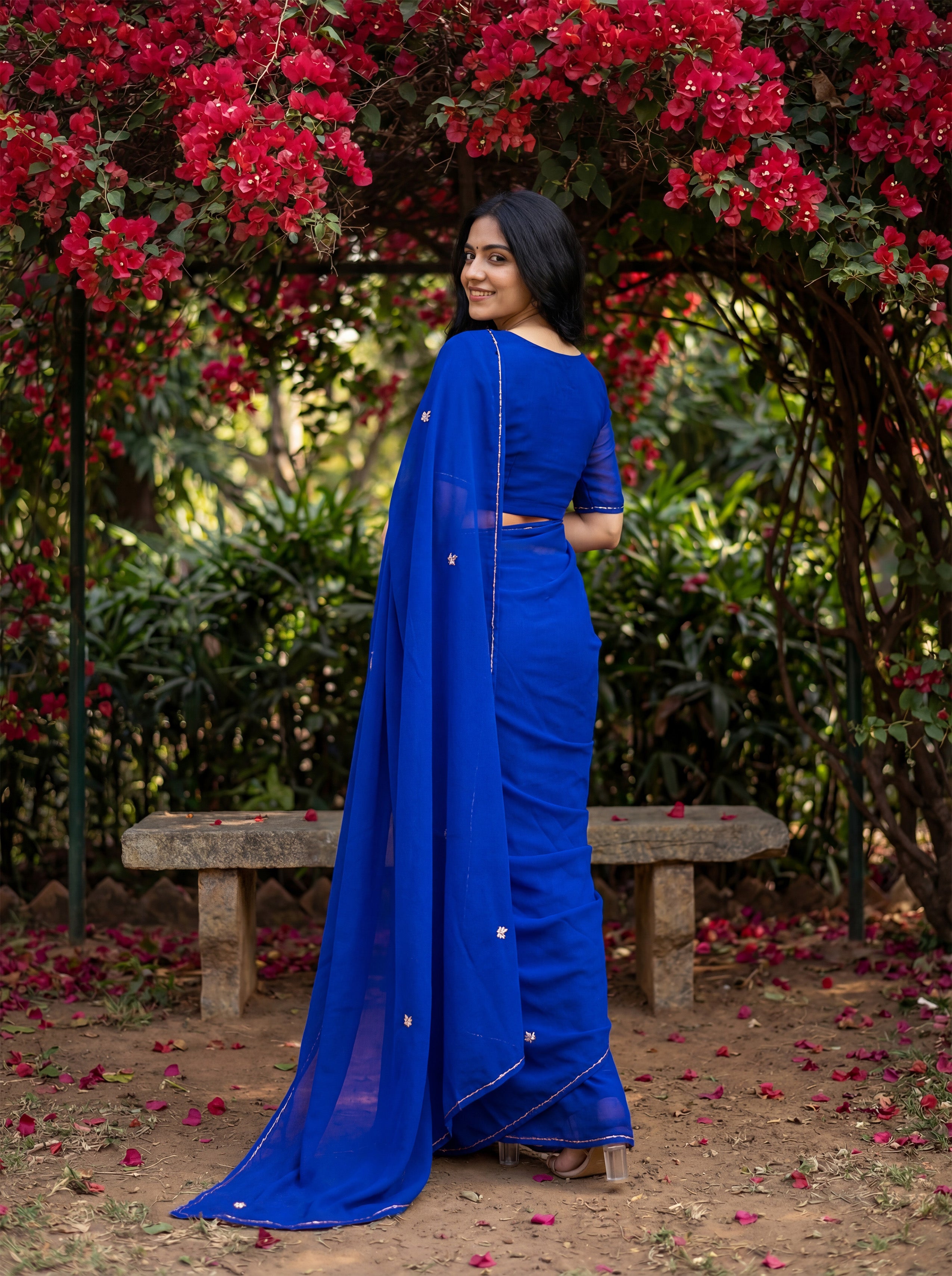 Blue Georgette Floral Stone & Beads Work Saree
