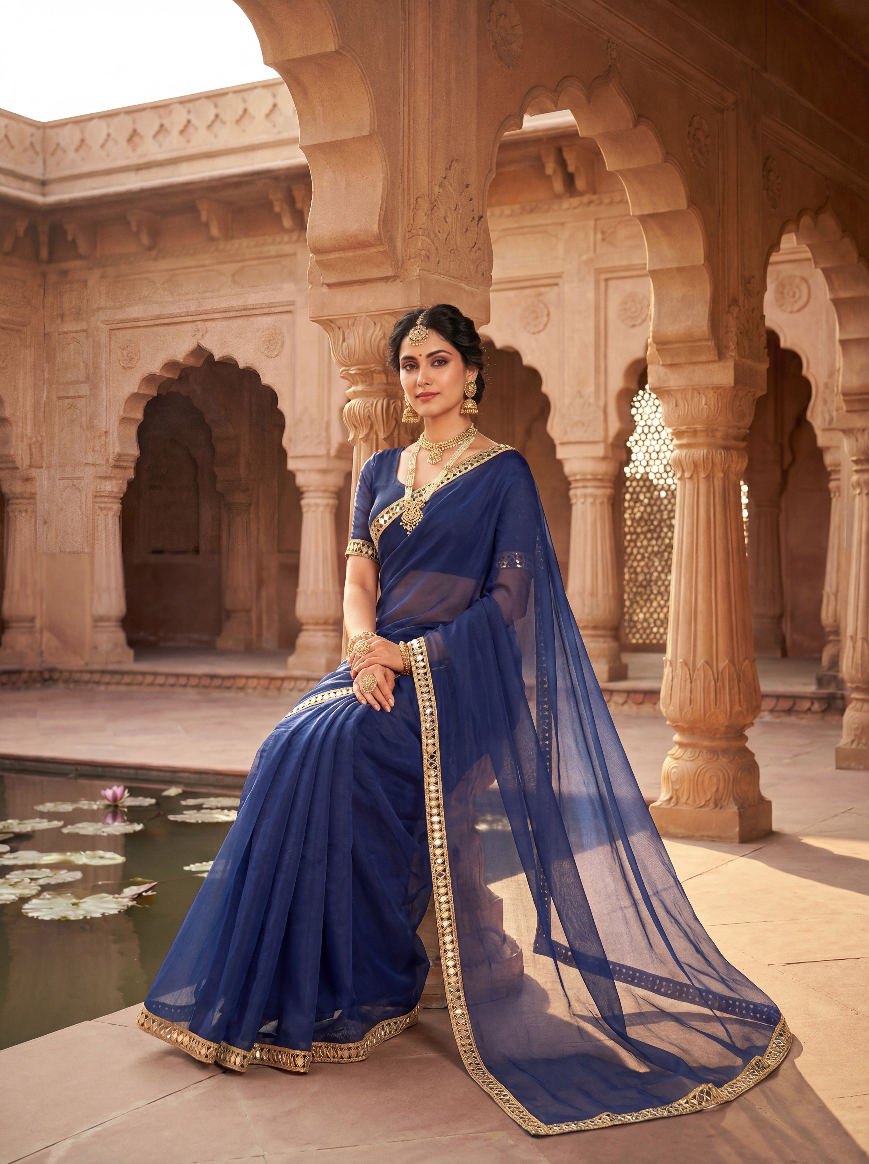Royal Blue Tissue Geometric Mirror Work Saree