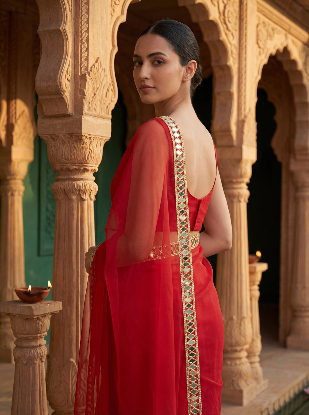 Red Tissue Geometric Mirror Work Saree
