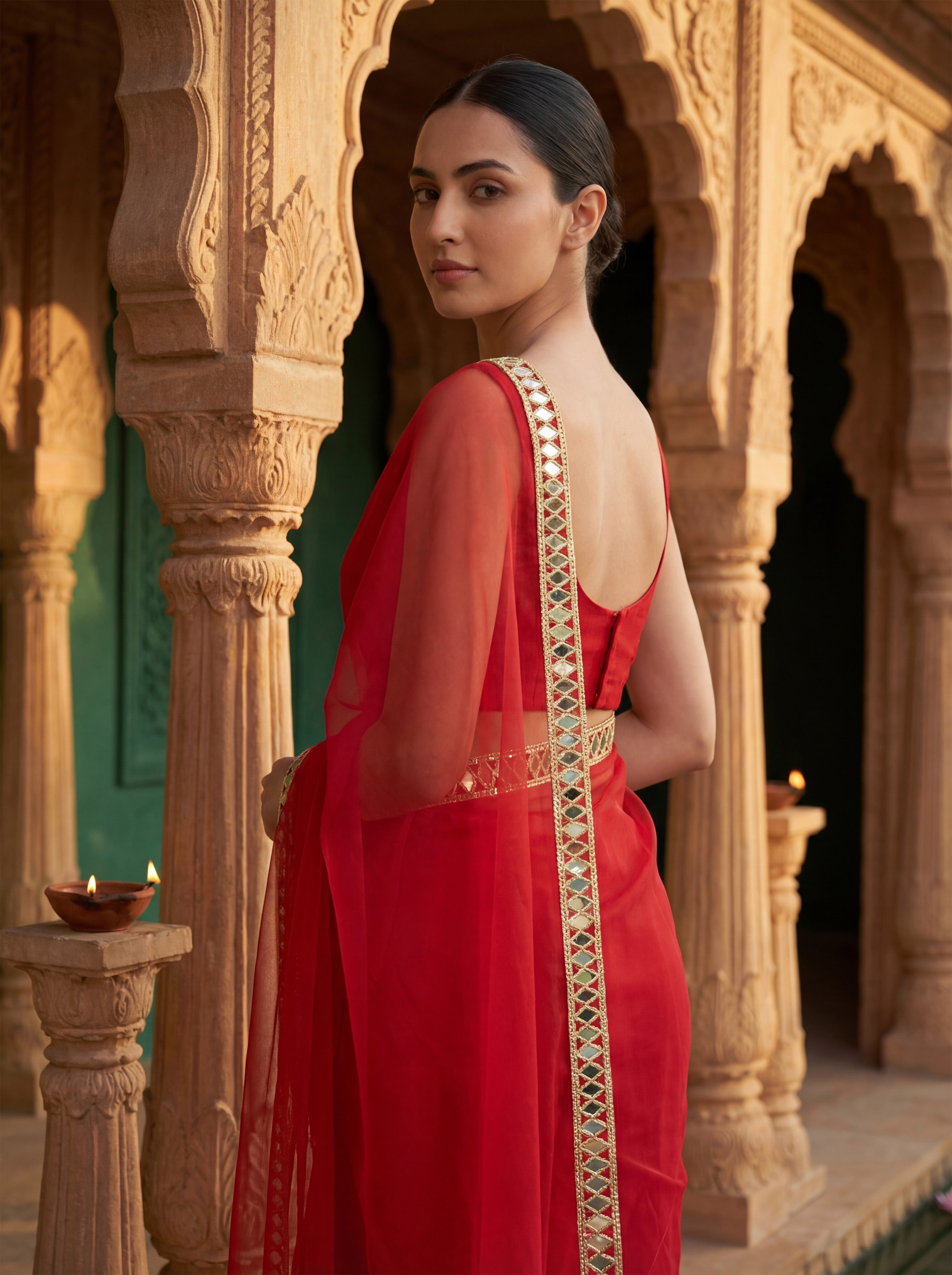 Red Tissue Geometric Mirror Work Saree